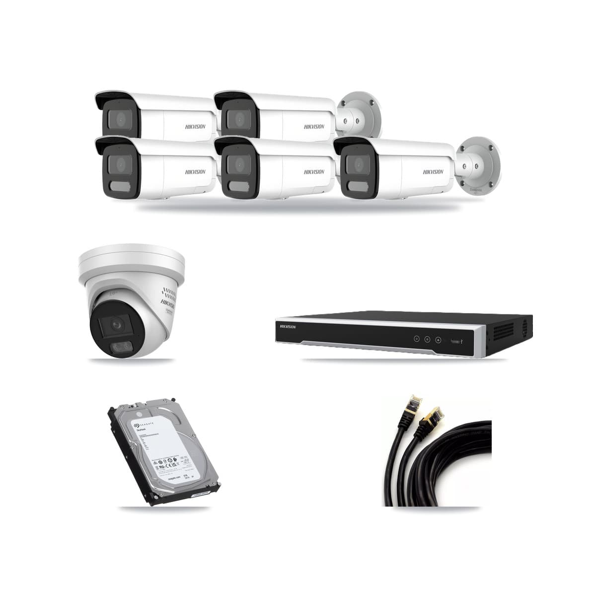 Hikvision 8-Channel 4MP CCTV Kit — 1 DS-2CD2347G3 Turret + 5 DS-2CD2T47G2H Bullet Cameras + 6TB Recording (DS-7608NI-M2 Recorder) - Image 1