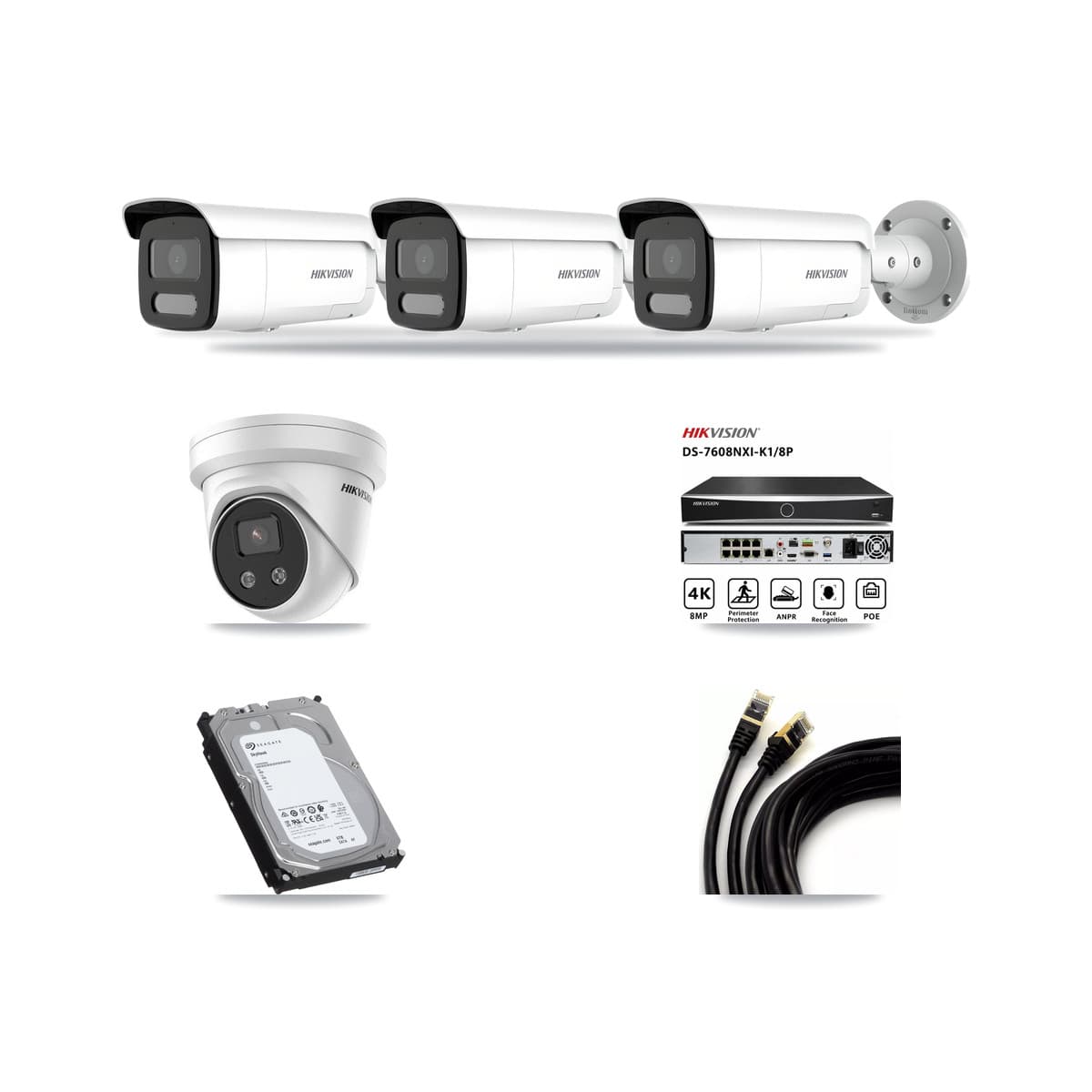 Hikvision 8-Channel 4MP – 5MP CCTV Kit — 3 4MP Bullet + 1 5MP Turret Cameras + 6TB Recording (DS-7608NXI Recorder) - Image 1