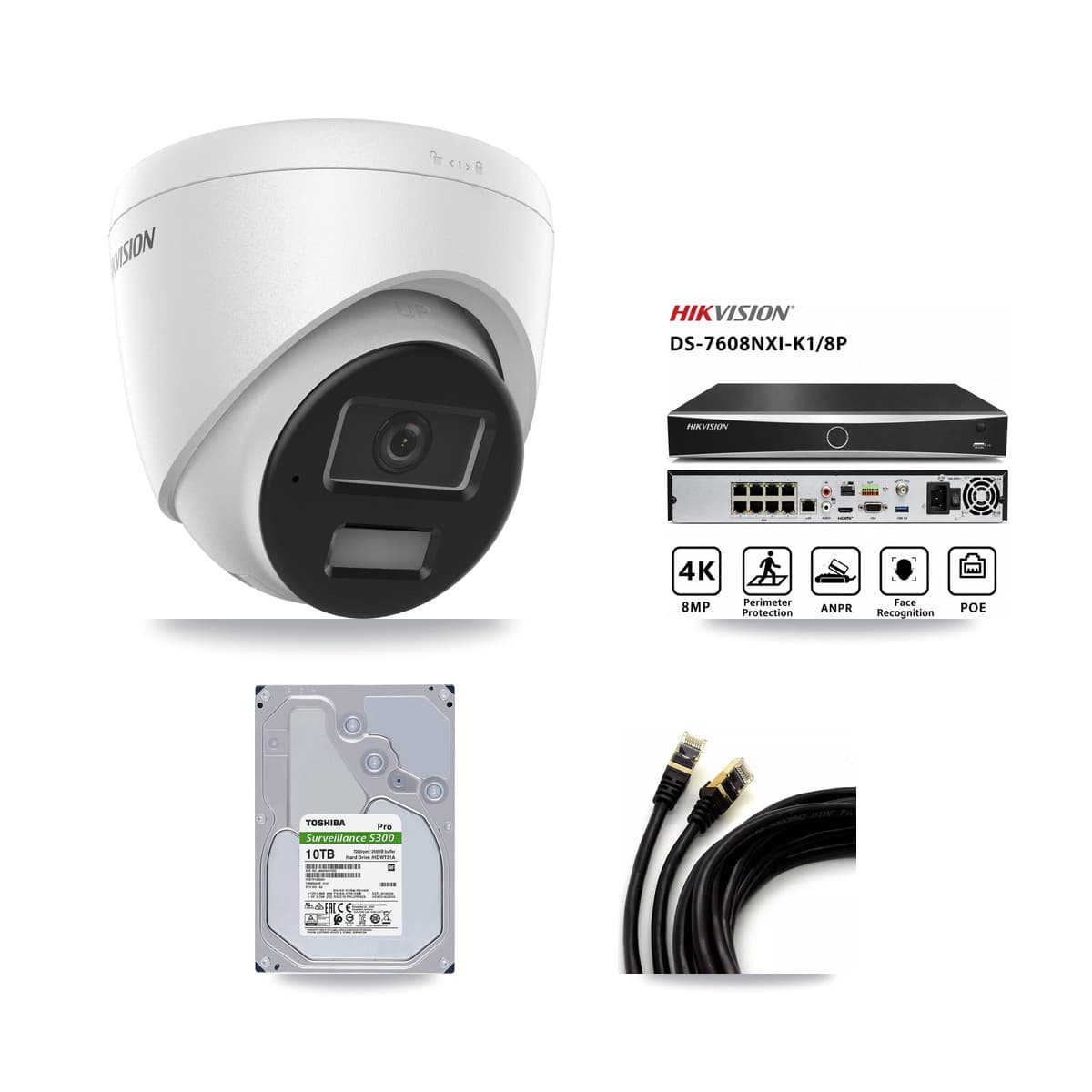 Hikvision 8-Channel 4MP CCTV Kit — 8 DS-2CD1343G2 Turret Cameras + 10TB Recording (DS-7608NXI Recorder)