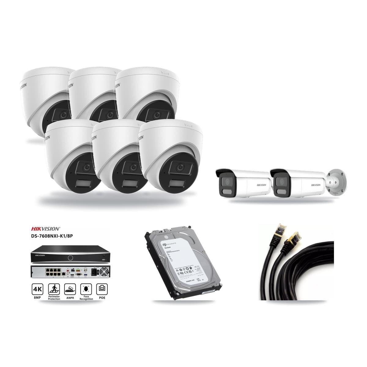 Hikvision 8-Channel 4MP CCTV Kit — 6 DS-2CD1343G2 Turret + 2 DS-2CD2T47G2H Bullet Cameras + 6TB Recording - Image 1