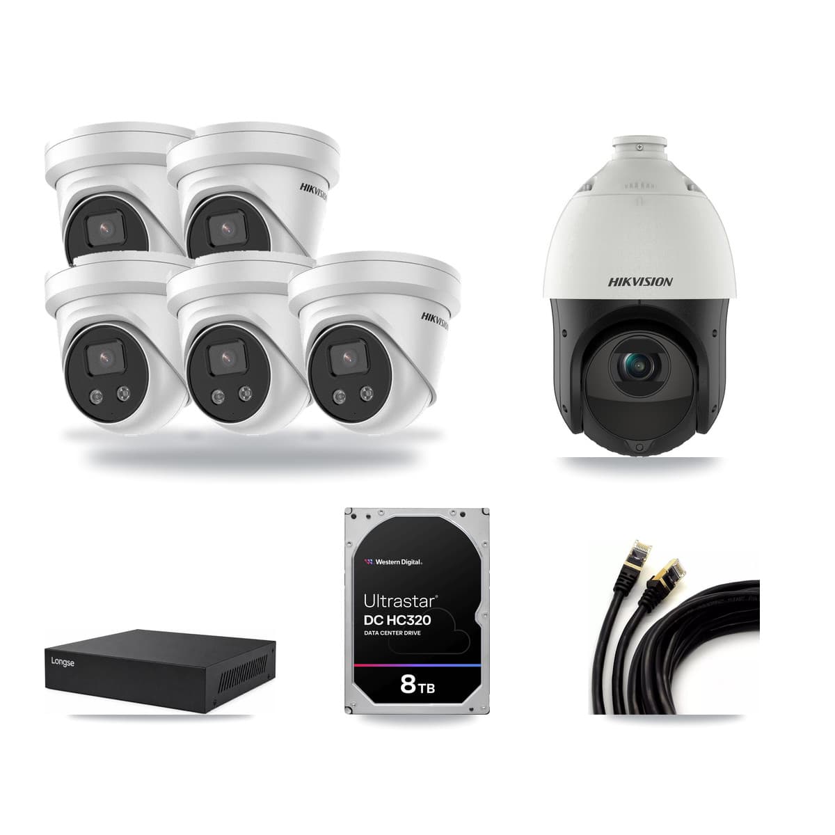 Hikvision & Longse 8-Channel 4MP – 5MP CCTV Kit — 5 5MP Turret + 1 4MP PTZ Cameras + 8TB Recording - Image 1