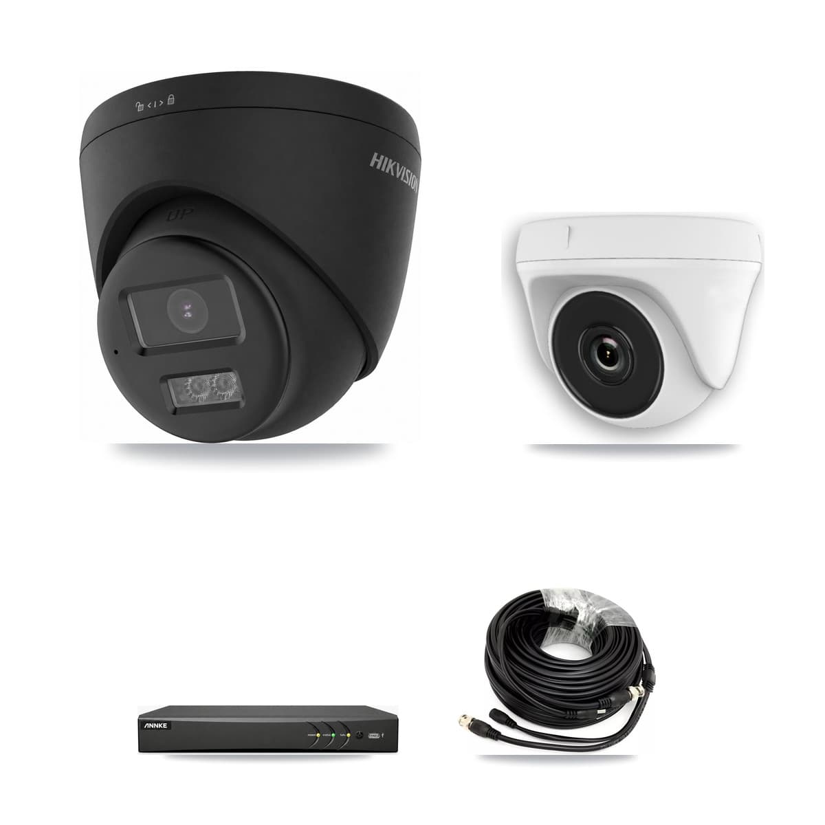 Hikvision & ANNKE 4-Channel 2MP – 4K CCTV Kit — 1 Black 4K Turret + 1 White 2MP Dome Cameras + 3TB Recording - Image 1