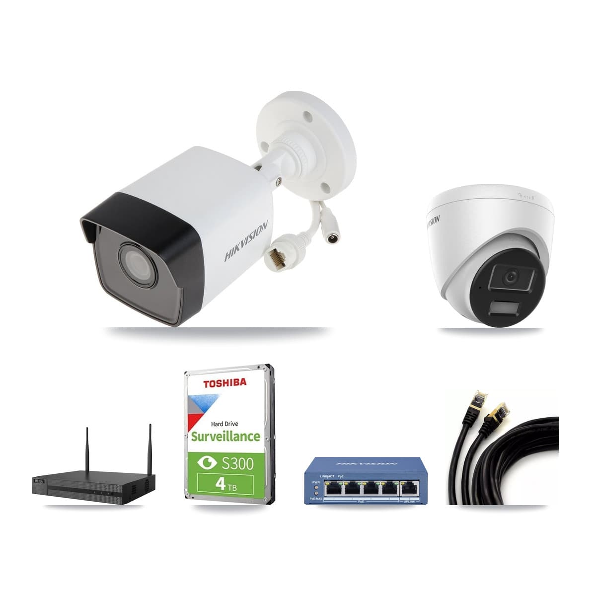 Hikvision & HiLook 4-Channel 4MP – 5MP CCTV Kit — 2 5MP Bullet + 1 4MP Turret Cameras + 4TB Recording