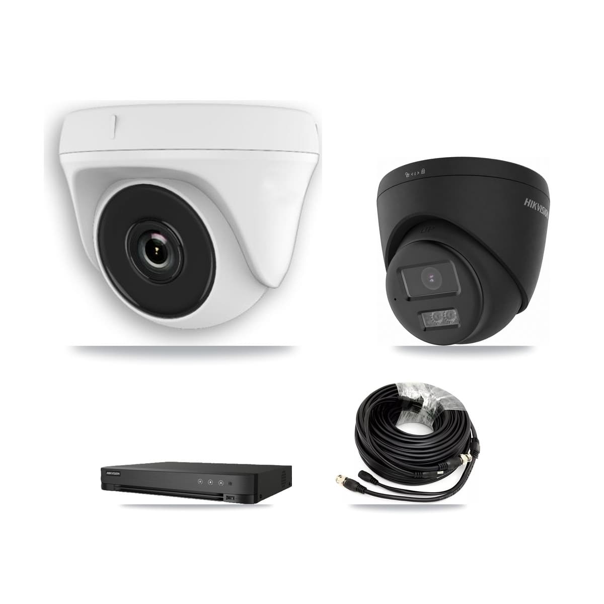 Hikvision 8-Channel 2MP – 4K CCTV Kit — 2 Black DS-2CE78U0T-LTS-BLACK 4K Turret + 5 White HDT-2MP-N20W-2.8MM 2MP Dome Cameras + 8TB Recording (IDS-7208HUHI-M1/E Recorder)