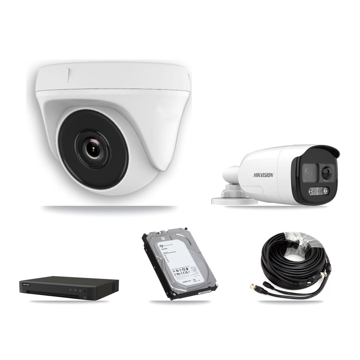 Hikvision 8-Channel 2MP – 5MP CCTV Kit — 1 DS-2CE12KF3T-PIRXO 5MP Bullet + 7 White HDT-2MP-N20W-2.8MM 2MP Dome Cameras + 6TB Recording (IDS-7208HUHI-M1/XT Recorder)