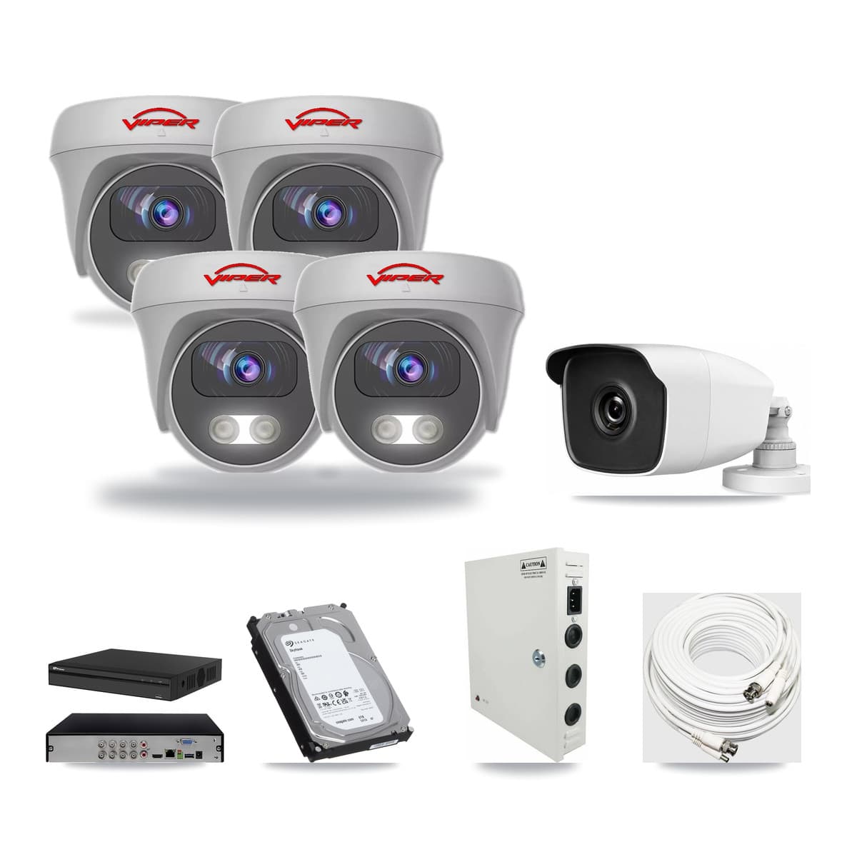 8-Channel 3MP – 5MP CCTV Kit — 1 3MP Bullet + 4 White 5MP Cameras + 6TB Recording (PXD-5108HS Recorder) - Image 1