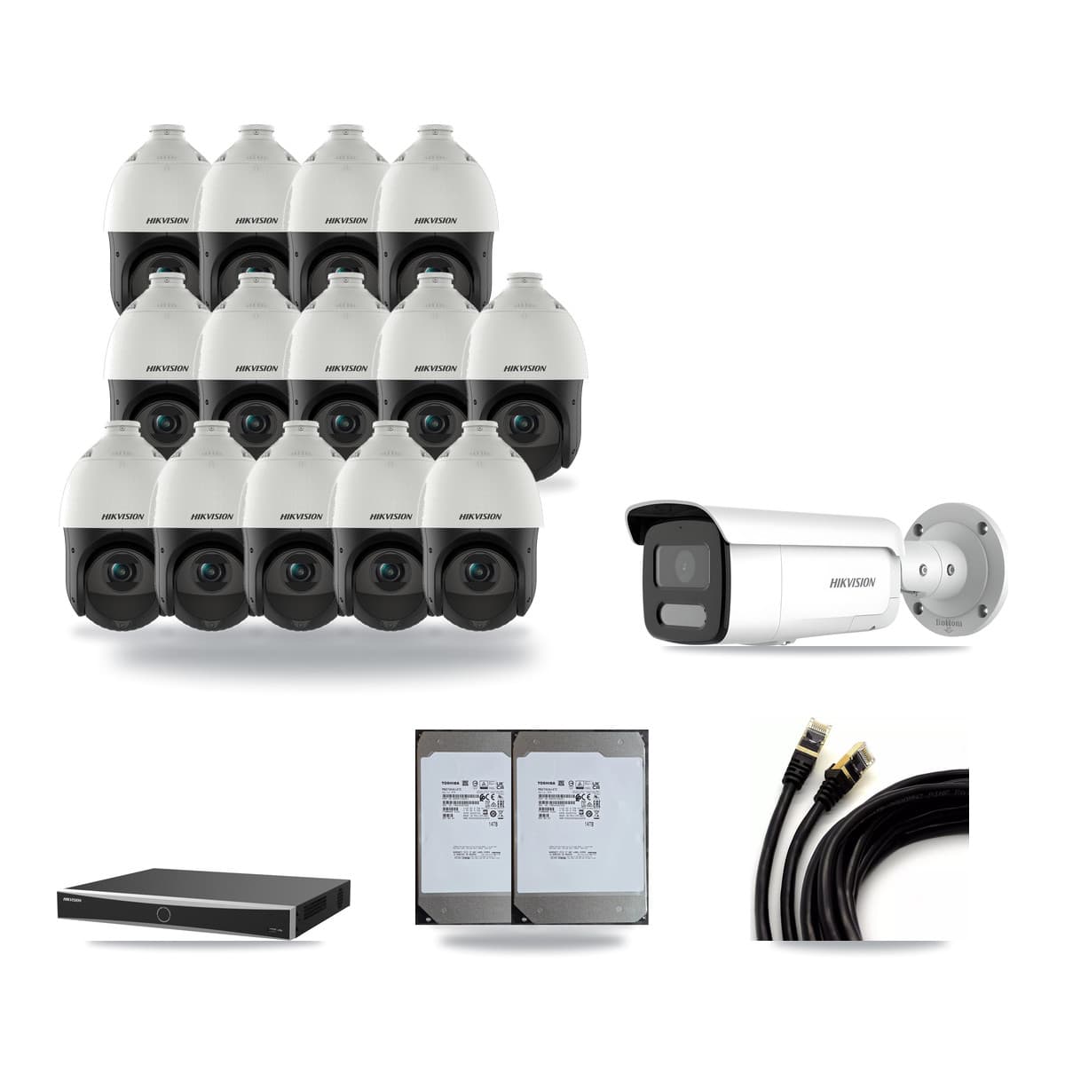 Hikvision 16-Channel 4MP CCTV Kit — 1 Bullet + 14 PTZ Cameras + 2× 14TB Recording (DS-7616NXI Recorder) - Image 1