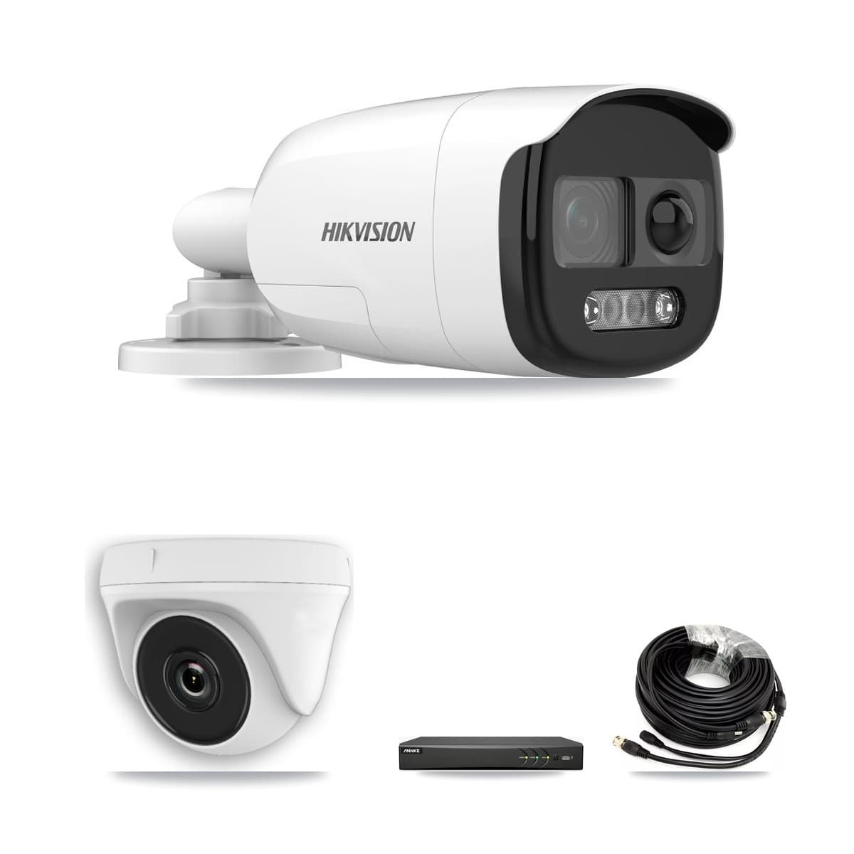 Hikvision & ANNKE 4-Channel 2MP – 5MP CCTV Kit — 2 DS-2CE12KF3T 5MP Bullet + 1 White HDT-2MP-N20W 2MP Dome Cameras + 3TB Recording - Image 1