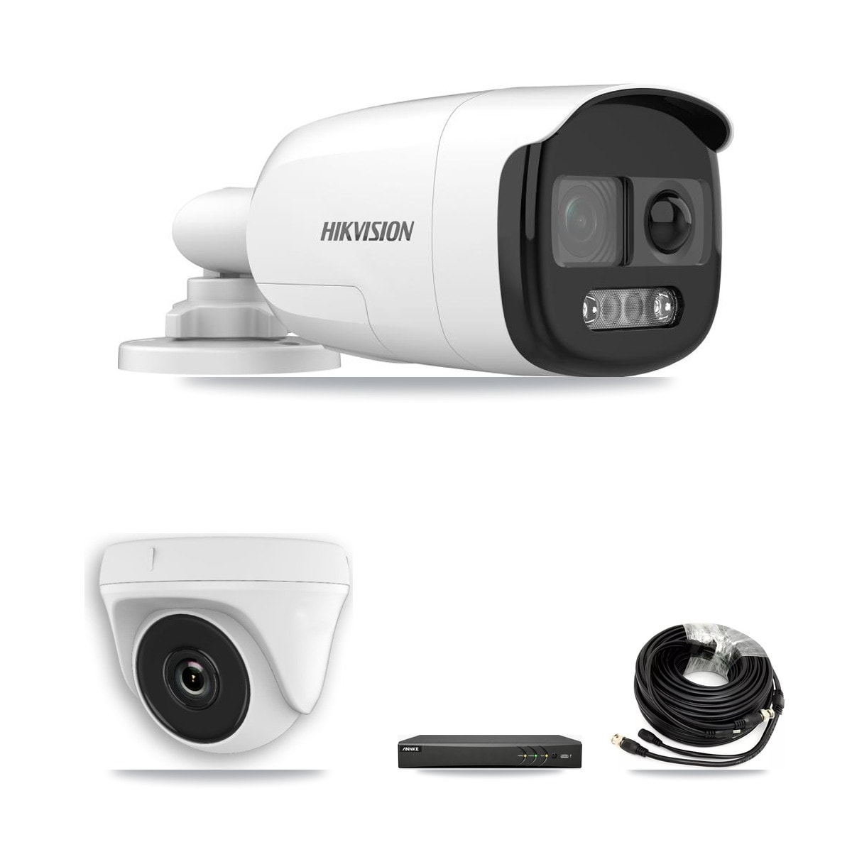 Hikvision & ANNKE 4-Channel 2MP – 5MP CCTV Kit — 2 DS-2CE12KF3T 5MP Bullet + 1 White HDT-2MP-N20W 2MP Dome Cameras + 3TB Recording