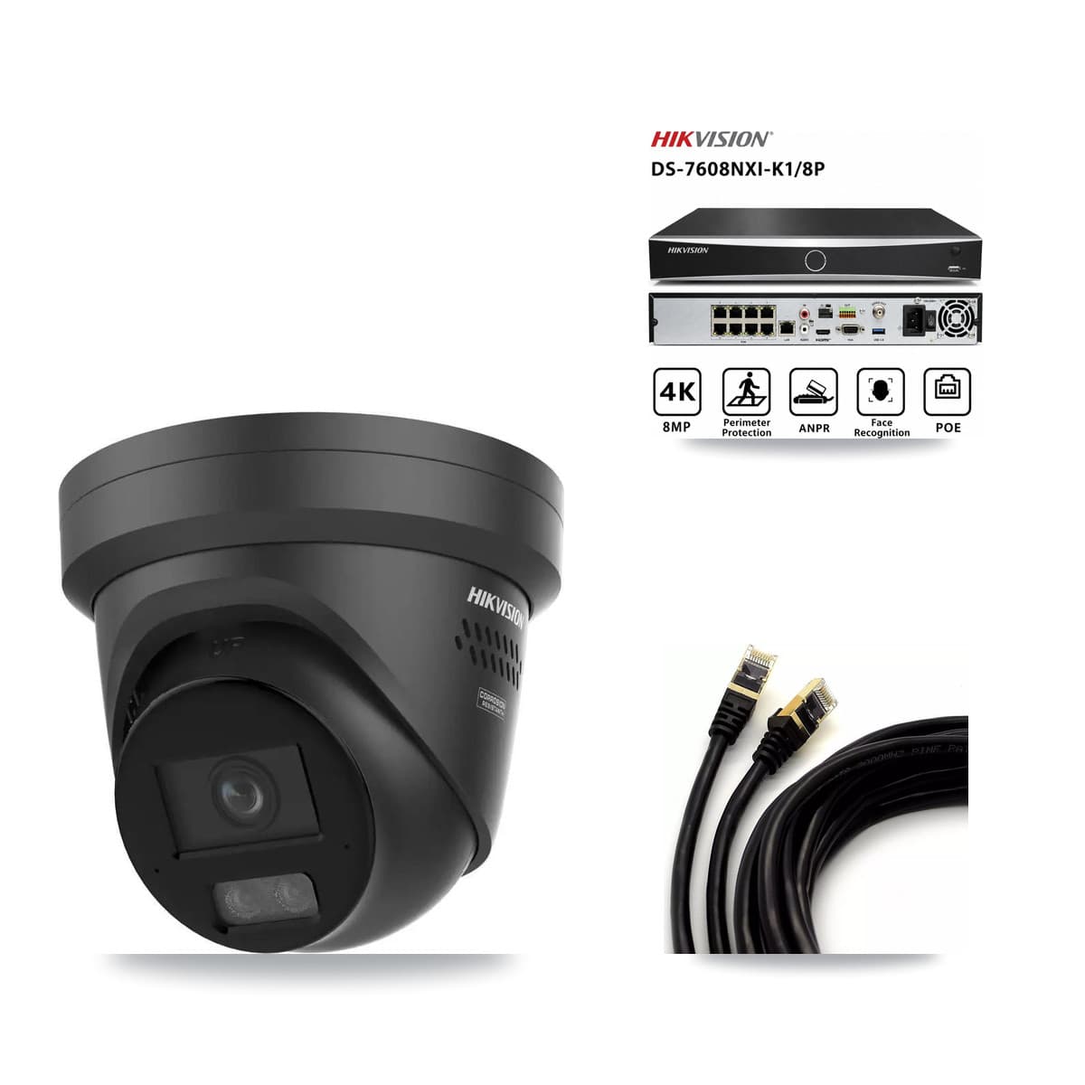 Hikvision 8-Channel 4K CCTV Kit — 3 Black DS-2CD2387G3 Turret Cameras + 8TB Recording (DS-7608NXI Recorder)