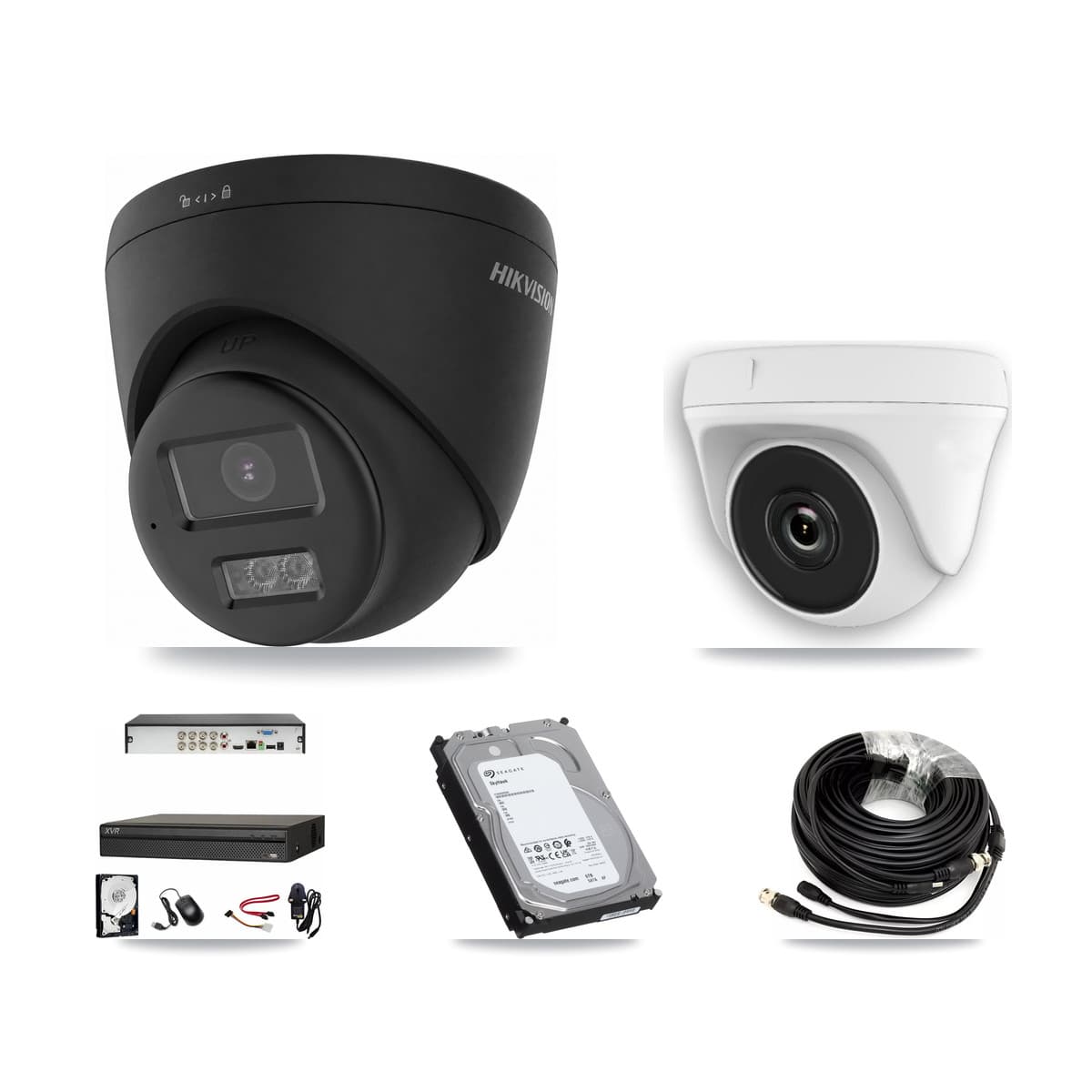 Hikvision & Dahua 8-Channel 2MP – 4K CCTV Kit — 2 Black 4K Turret + 2 White 2MP Dome Cameras + 6TB Recording