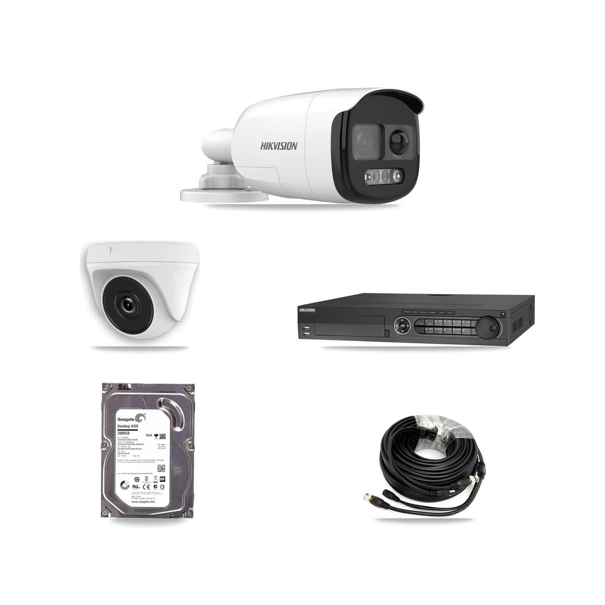 Hikvision 32-Channel 2MP – 5MP CCTV Kit — 1 DS-2CE12KF3T 5MP Bullet + 1 White HDT-2MP-N20W 2MP Dome Cameras + 2TB Recording (DS-7332HQHI Recorder)