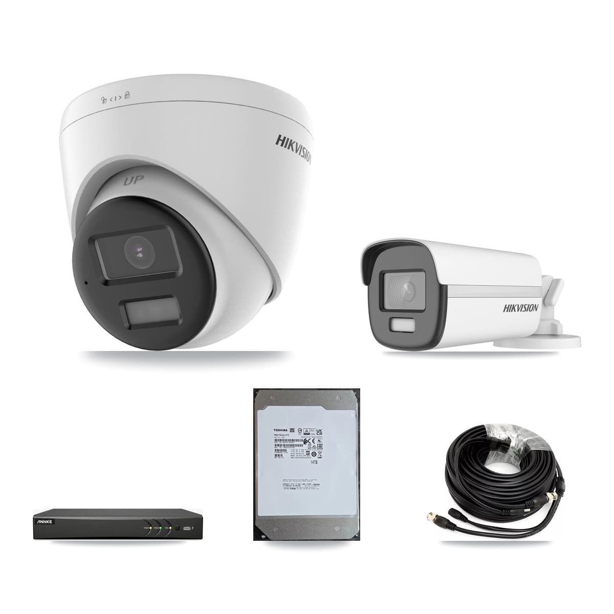 Hikvision & ANNKE 4-Channel 4K CCTV Kit — 1 Bullet + 3 Turret Cameras + 14TB Recording