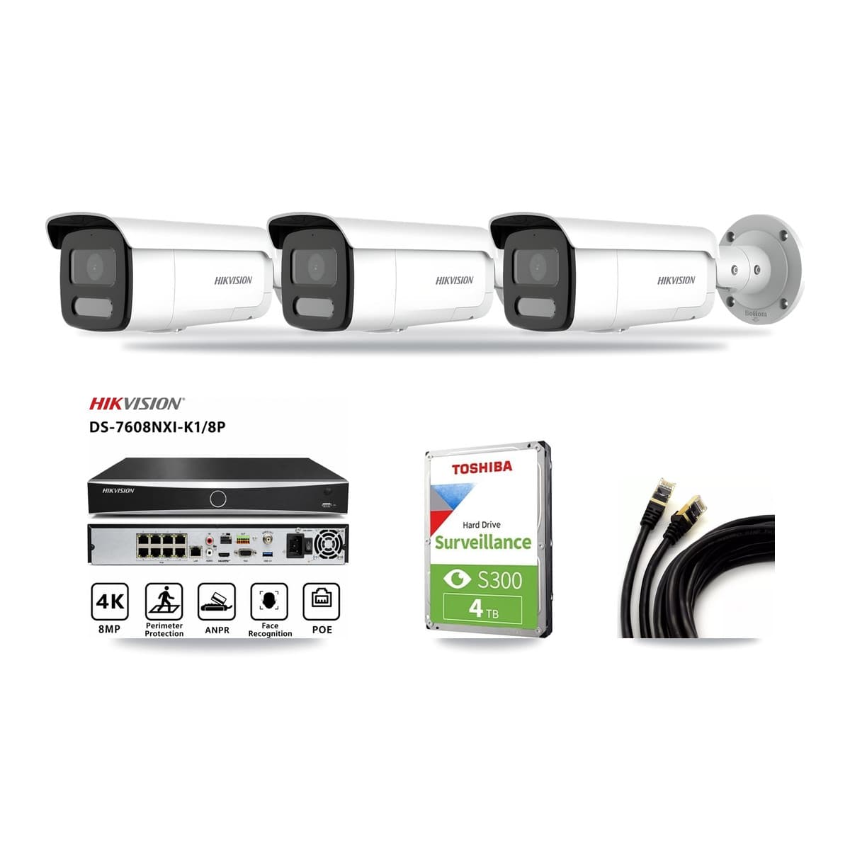 Hikvision 8-Channel 4MP CCTV Kit — 3 Bullet Cameras + 4TB Recording (DS-7608NXI Recorder) - Image 1