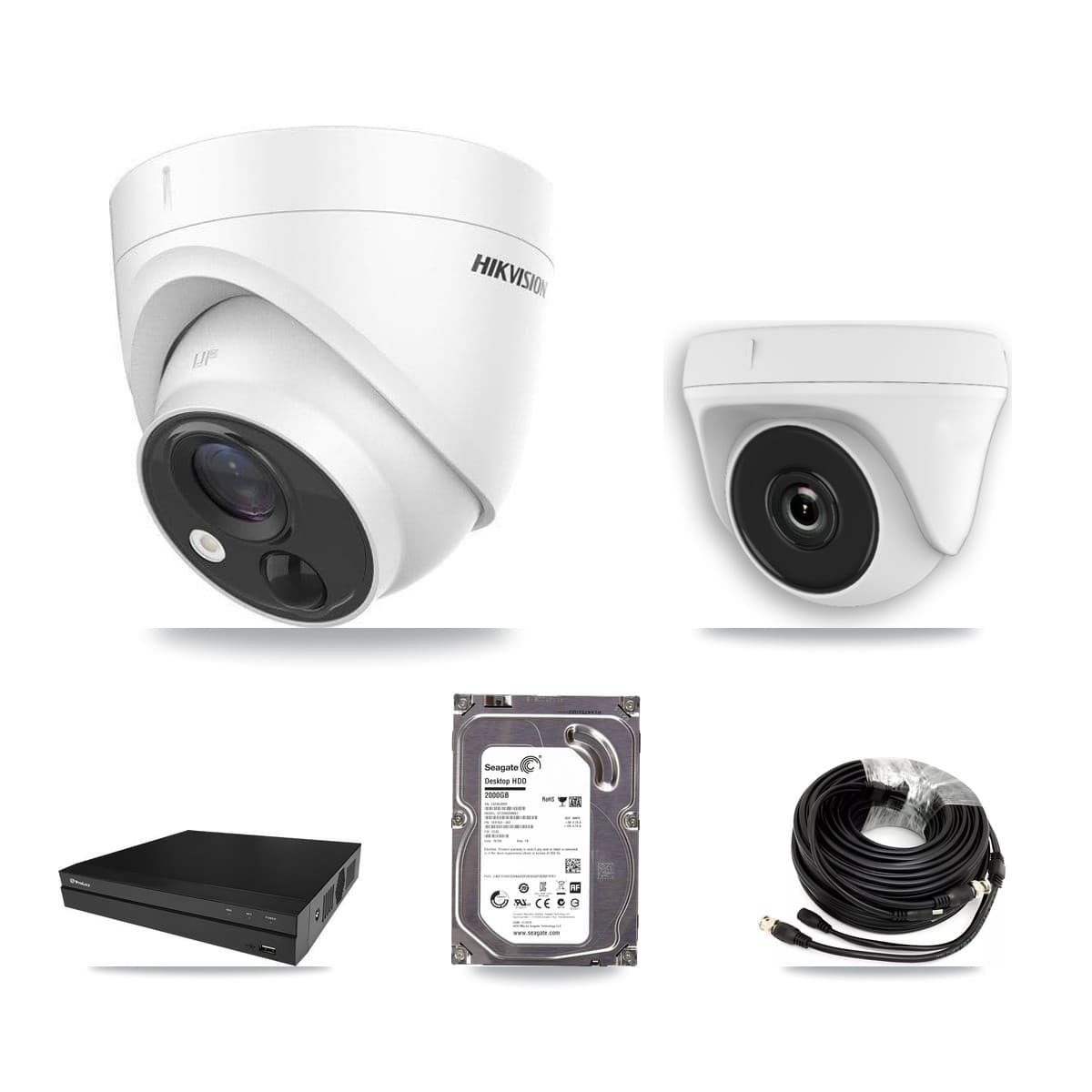 Hikvision & Prolux 8-Channel 2MP – 5MP CCTV Kit — 1 DS-2CE71H0T 5MP Turret + 1 White HDT-2MP-N20W 2MP Dome Cameras + 2TB Recording (PXD-5208AN Recorder) - Image 1
