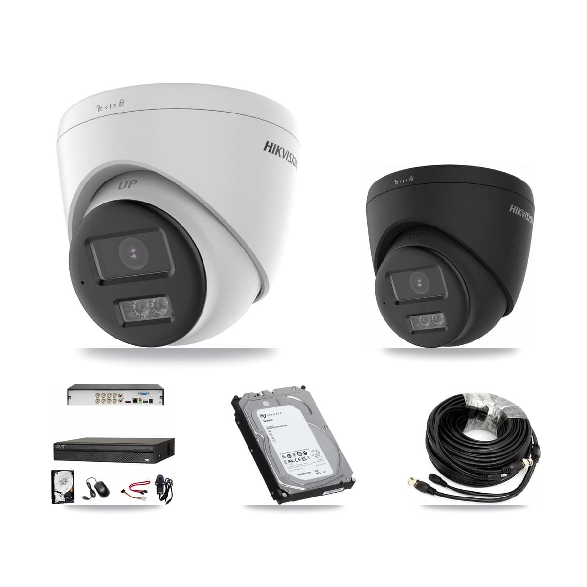 Hikvision & Dahua 8-Channel 5MP – 4K CCTV Kit — 2 DS-2CE78K0T-LTS 5MP + 2 Black DS-2CE78U0T-LTS-BLACK 4K Turret Cameras + 6TB Recording (XVR-3108AD-4K Recorder)