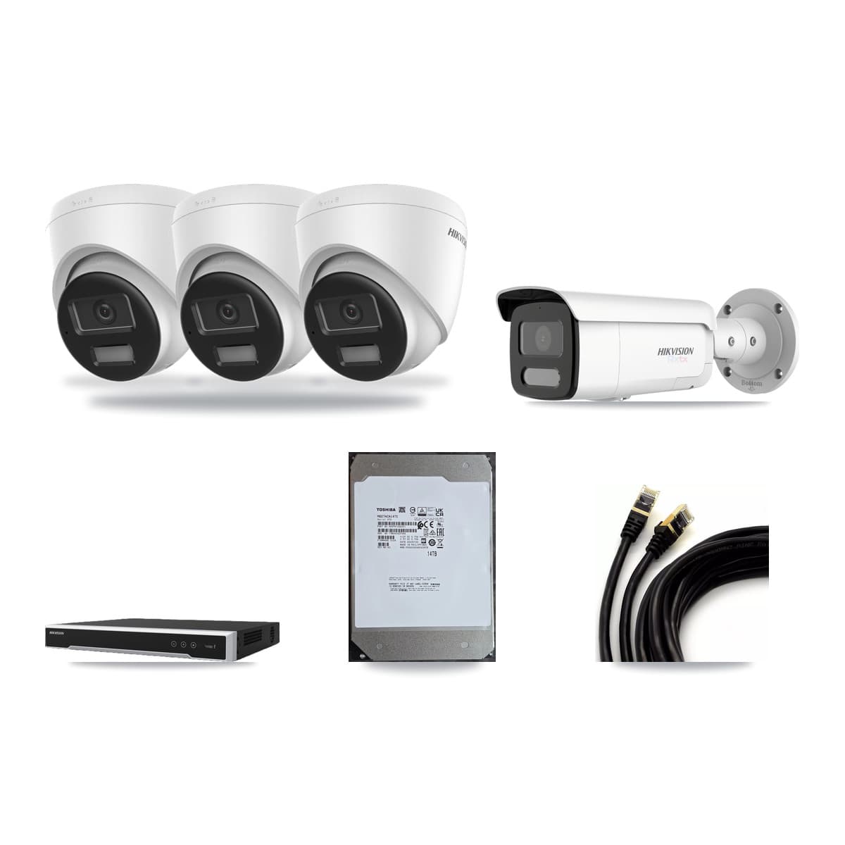 Hikvision 8-Channel 4K CCTV Kit — 3 DS-2CD1383G2-LIU Turret + 1 White DS-2CD2T87G2H-LISU/SL-2.8MM-W Bullet Cameras + 14TB Recording (DS-7608NI-M2/8P Recorder) - Image 1