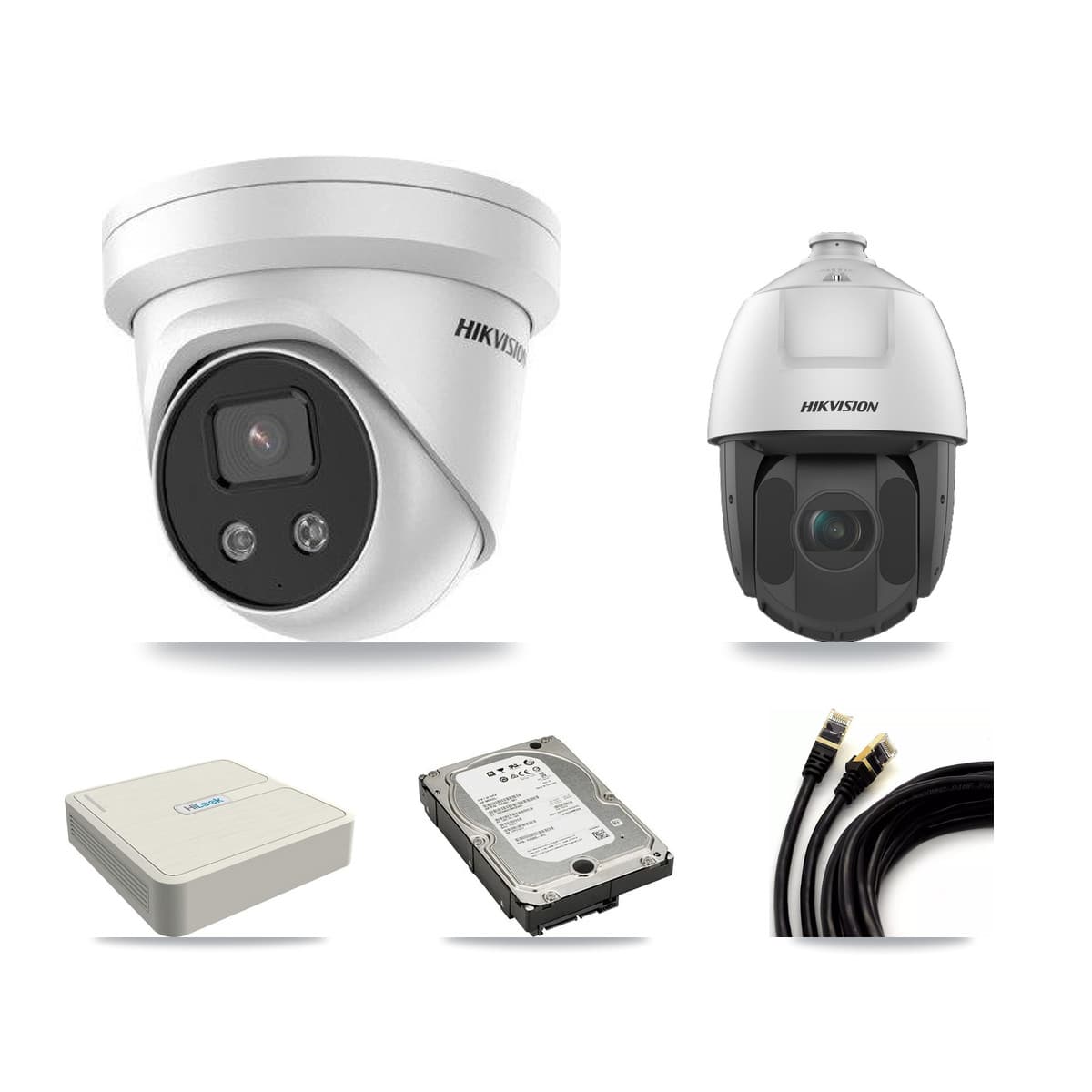 Hikvision & HiLook 8-Channel 2MP – 5MP CCTV Kit — 3 5MP Turret + 1 2MP PTZ Cameras + 5TB Recording (NVR-108H-D Recorder)