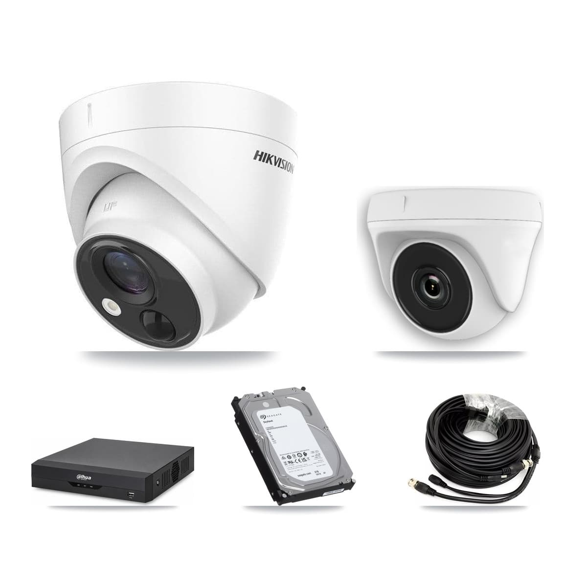 Hikvision & Dahua 4-Channel 2MP – 5MP CCTV Kit — 2 DS-2CE71H0T 5MP Turret + 2 White HDT-2MP-N20W 2MP Dome Cameras + 6TB Recording - Image 1