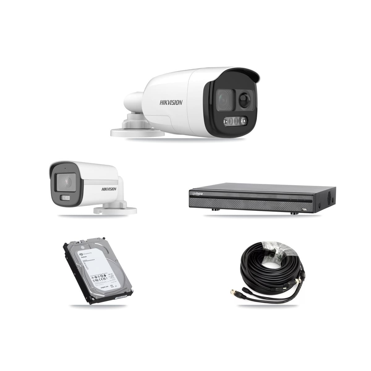 Hikvision & Dahua 8-Channel 5MP CCTV Kit — 1 DS-2CE12KF0T + 4 DS-2CE12KF3T Bullet Cameras + 6TB Recording (DH-XVR5108H Recorder)