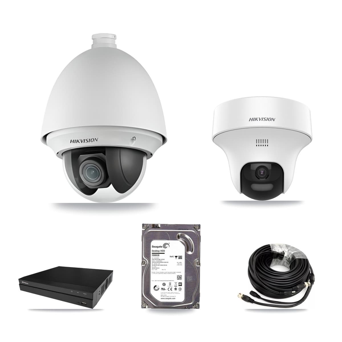 Hikvision & Prolux 8-Channel 2MP – 5MP CCTV Kit — 1 DS-2AE4225T 2MP PTZ + 1 DS-2CE70K0T 5MP Turret Cameras + 2TB Recording (PXD-5208AN Recorder)