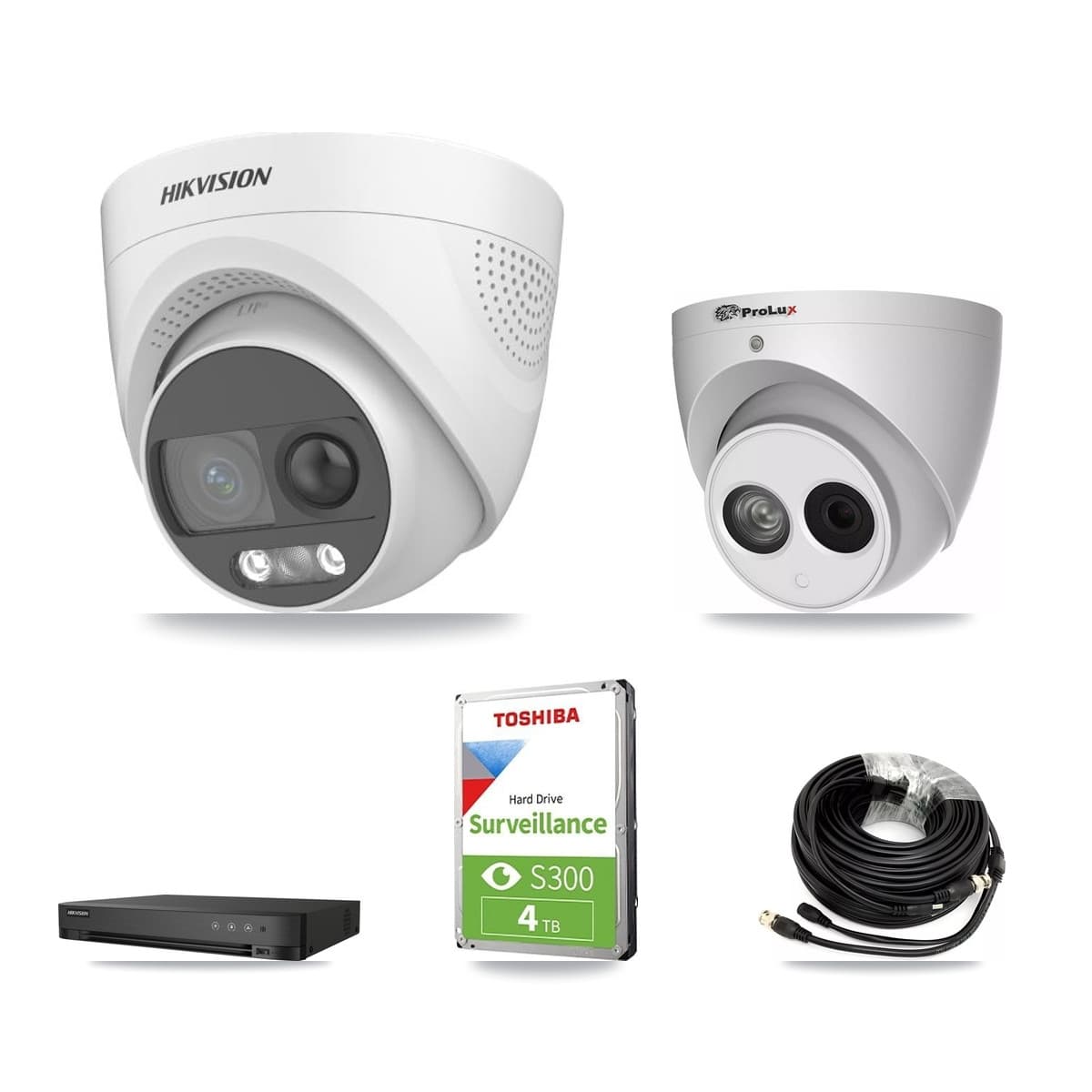 Hikvision & Prolux 4-Channel 4MP – 5MP CCTV Kit — 2 DS-2CE72KF3T 5MP + 1 PXC-612C4W-A 4MP Turret Cameras + 4TB Recording (IDS-7204HQHI Recorder)