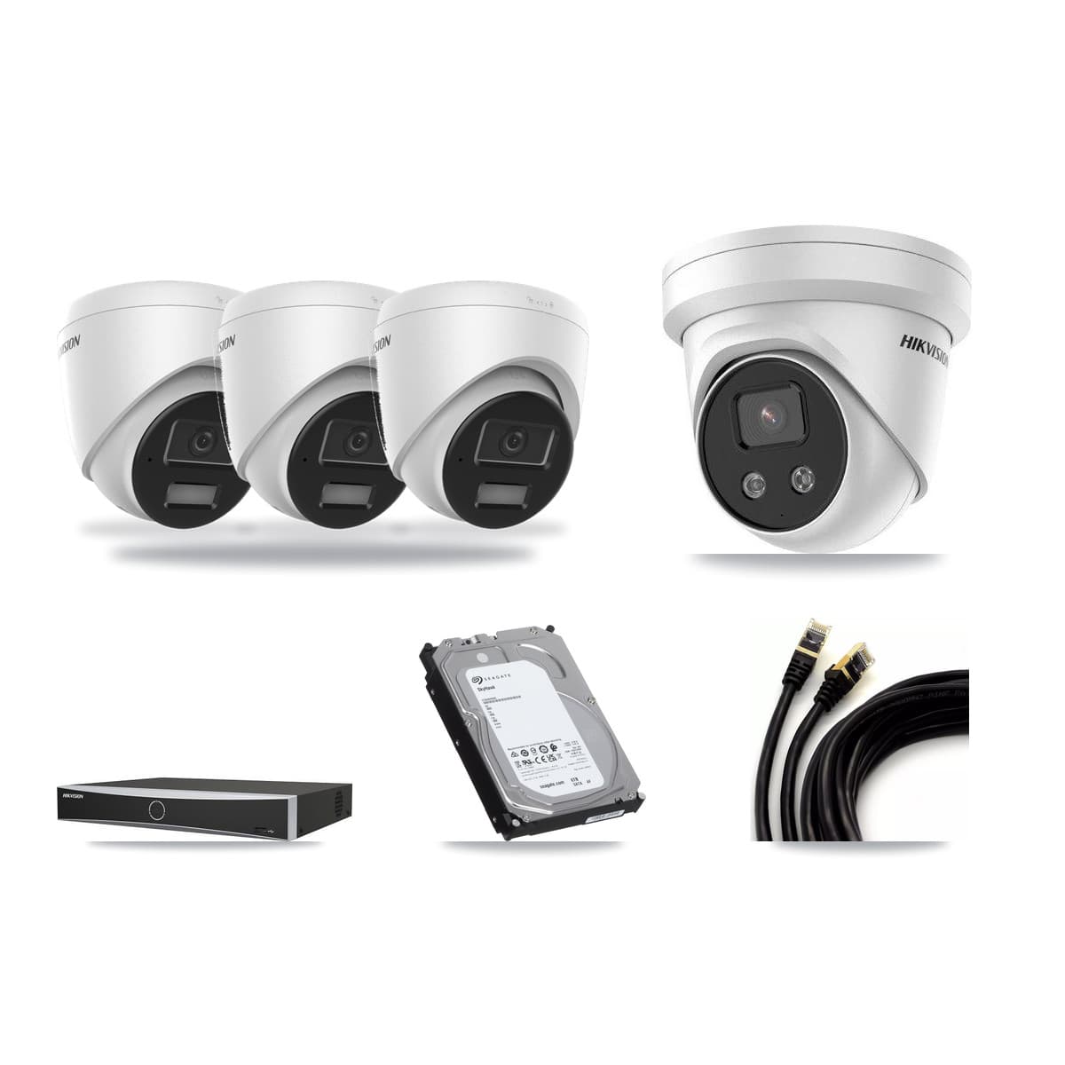 Hikvision 4-channel CCTV kit: 4 cameras (3× 4MP Turret + 1× 5MP Turret), 6TB hard drive