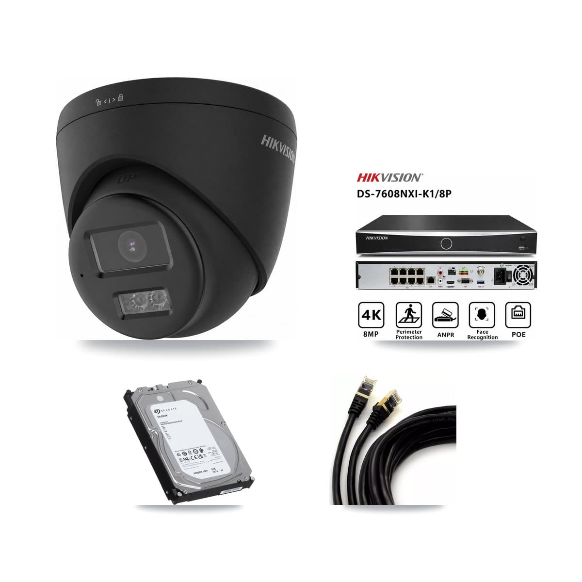 Hikvision 8-Channel 4K CCTV Kit — 2 Black DS-2CD1383G2 Turret Cameras + 6TB Recording (DS-7608NXI Recorder)