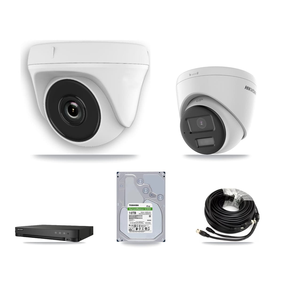 Hikvision 8-Channel 2MP – 4K CCTV Kit — 2 DS-2CE78U0T-LPTS 4K Turret + 6 White HDT-2MP-N20W-2.8MM 2MP Dome Cameras + 10TB Recording (IDS-7208HUHI-M1/E Recorder)