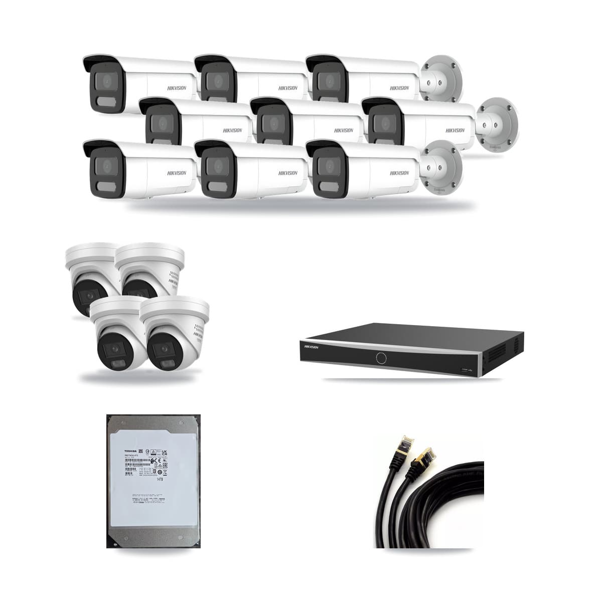 Hikvision 16-Channel 4MP CCTV Kit — 4 DS-2CD2347G3 Turret + 9 DS-2CD2T47G2H Bullet Cameras + 14TB Recording - Image 1