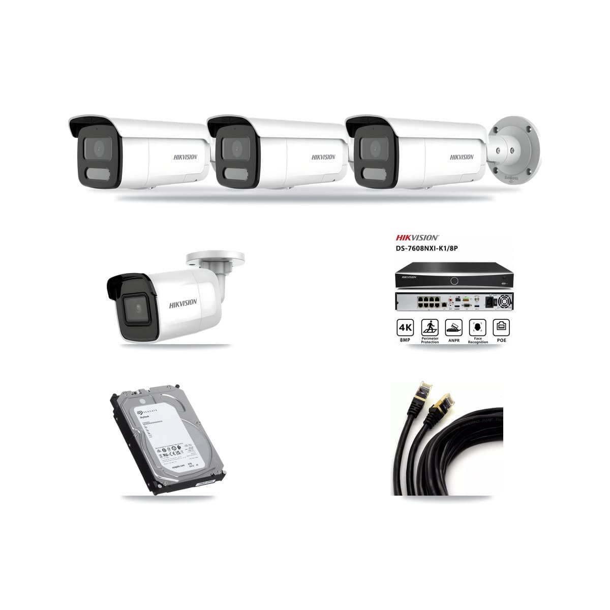 Hikvision 8-Channel 4MP – 4K CCTV Kit — 1 4K + 3 4MP Bullet Cameras + 6TB Recording (DS-7608NXI Recorder) - Image 1