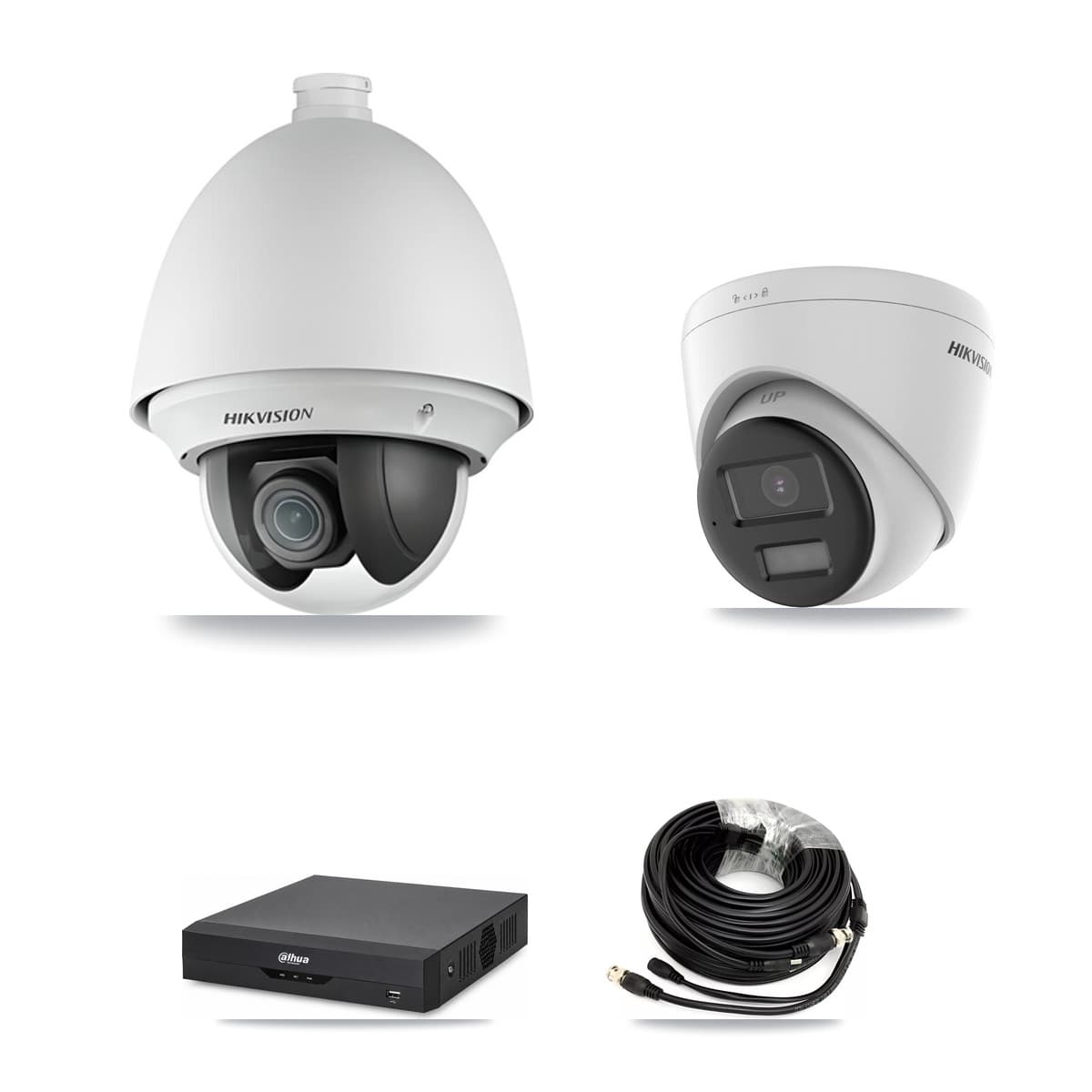 Hikvision & Dahua 4-Channel 2MP – 4K CCTV Kit — 1 2MP PTZ + 1 4K Turret Cameras + 3TB Recording