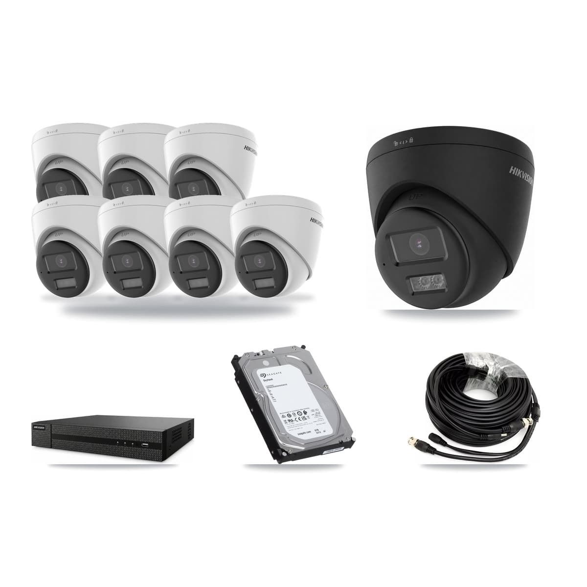 Hikvision 8-Channel 5MP – 4K CCTV Kit — 7 DS-2CE78K0T-LPTS 5MP + 1 Black DS-2CE78U0T-LTS-BLACK 4K Turret Cameras + 6TB Recording (DVR-8CH-HYL8MP Recorder) - Image 1