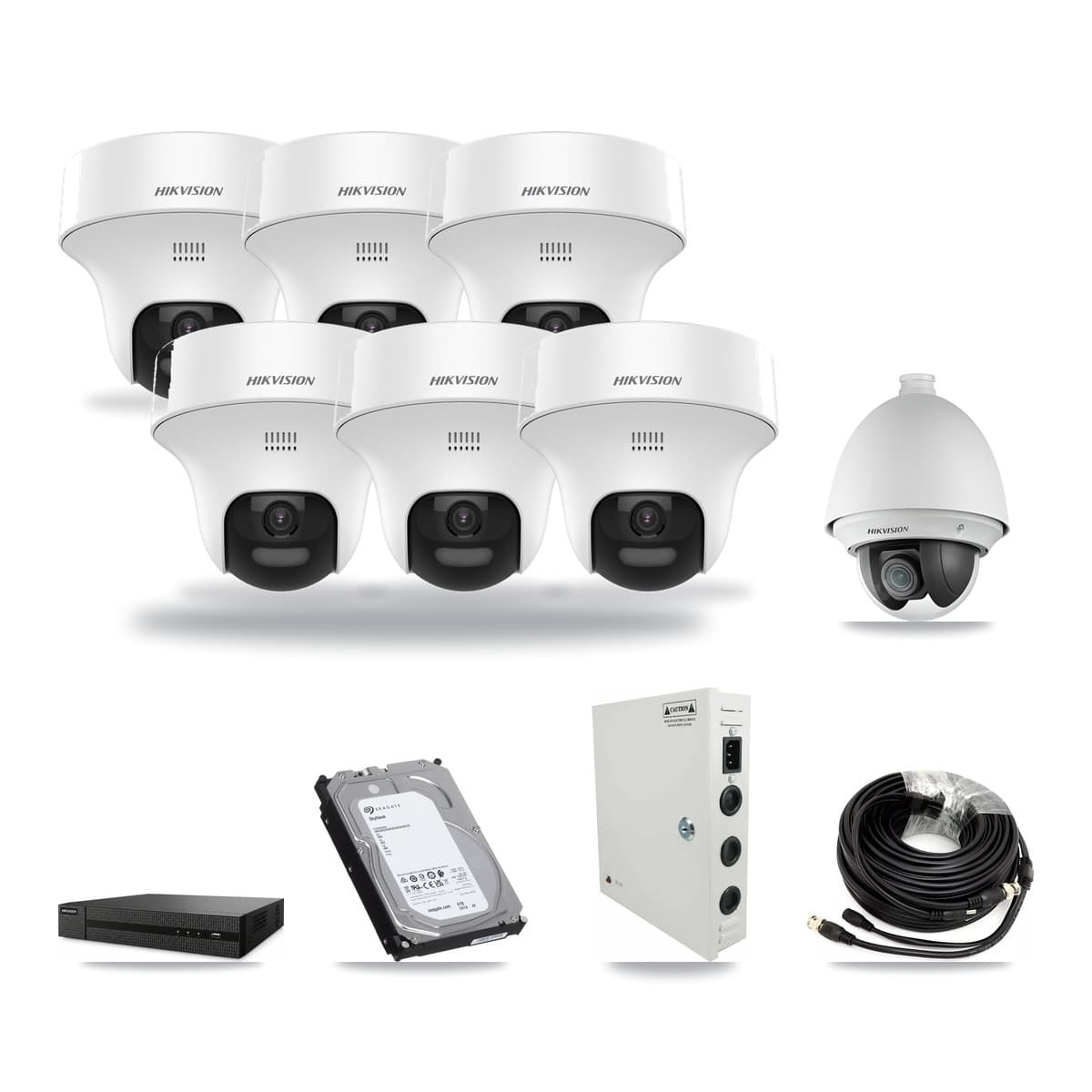 Hikvision 8-Channel 2MP – 5MP CCTV Kit — 1 DS-2AE4225T 2MP PTZ + 6 DS-2CE70K0T 5MP Turret Cameras + 6TB Recording - Image 1
