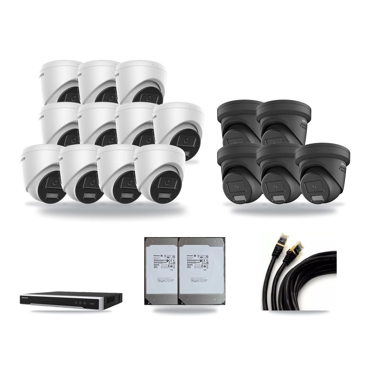 Hikvision 16-Channel 4MP CCTV Kit — 11 DS-2CD1343G2 + 5 Black DS-2CD2347G2 Turret Cameras + 2× 14TB Recording (DS-7616NI-M2 Recorder) - Image 1
