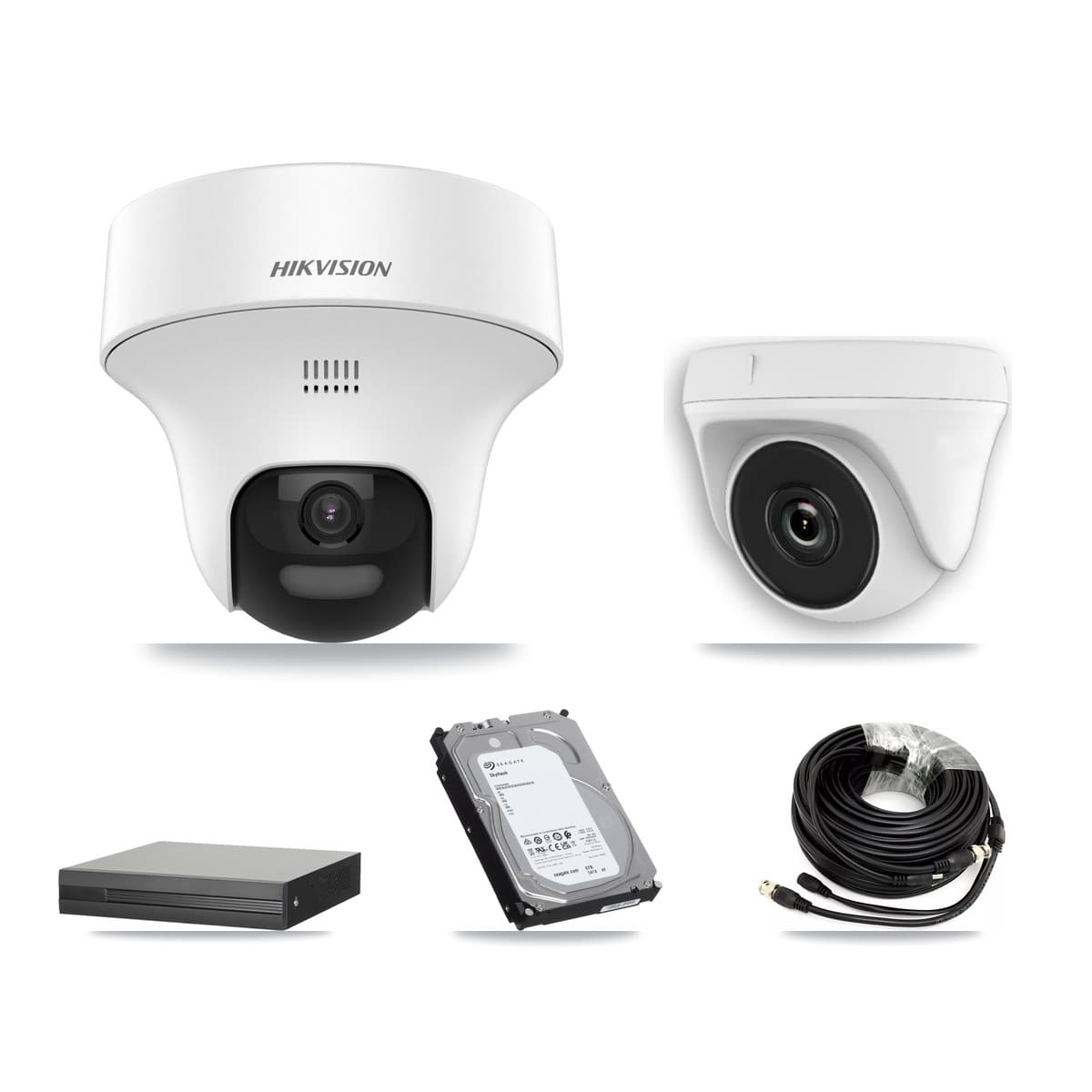 Hikvision 8-Channel 2MP – 5MP CCTV Kit — 2 DS-2CE70K0T 5MP Turret + 2 White HDT-2MP-N20W 2MP Dome Cameras + 6TB Recording (XVR-3108HS Recorder)