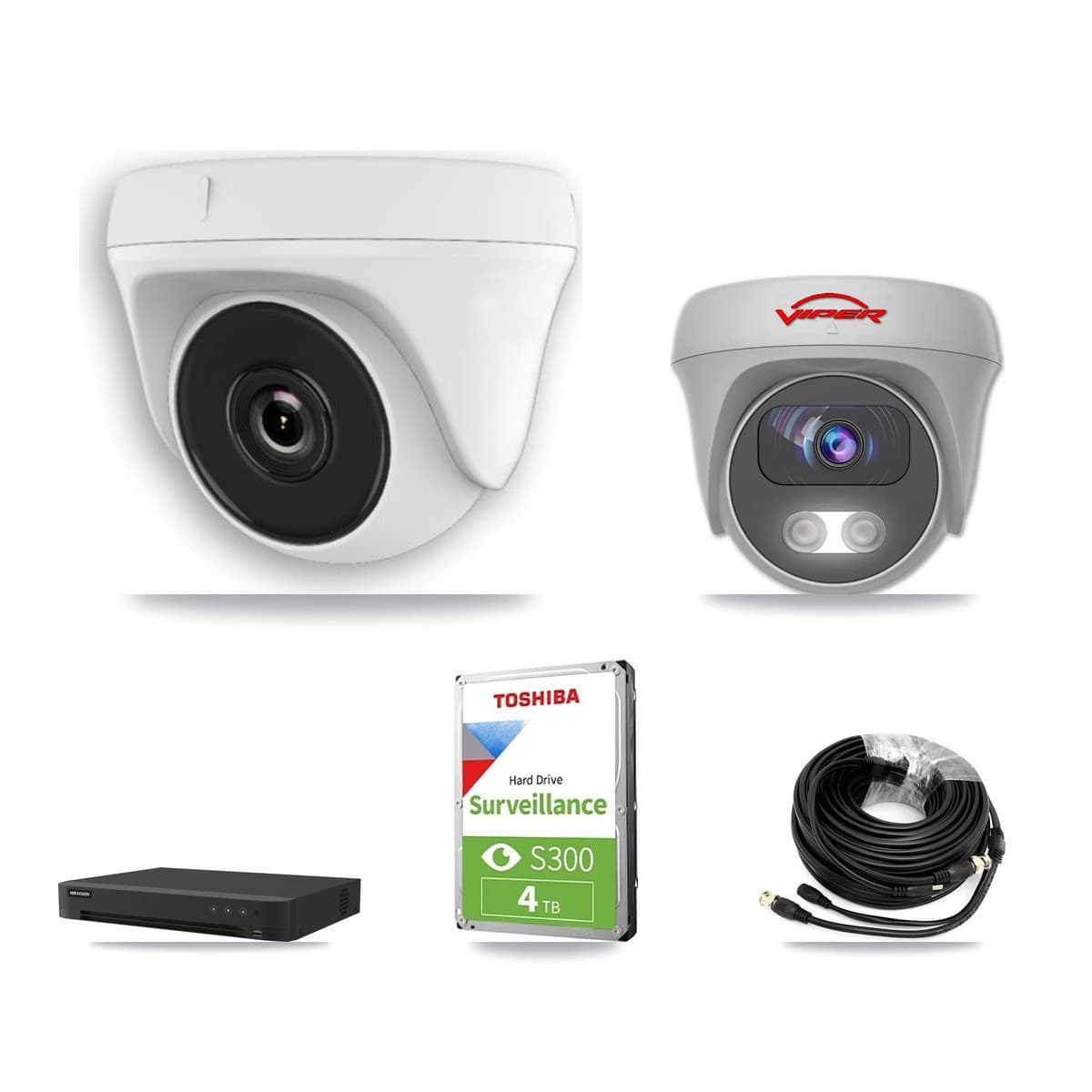 Viper & Hikvision 8-Channel 2MP – 5MP CCTV Kit — 4 White HDT-2MP-N20W-2.8MM 2MP Dome + 1 White VIPER-5MP-3K-AOC-WHITE-2.8MM 5MP Cameras + 4TB Recording (IDS-7208HUHI-M1/XT Recorder)