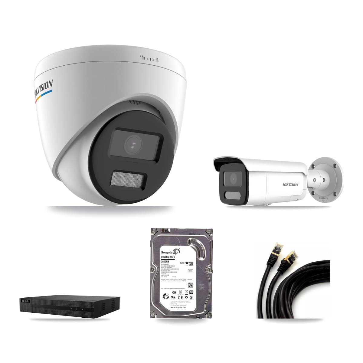 Hikvision & HiLook 8-Channel 2MP – 4MP CCTV Kit — 1 2MP Turret + 1 4MP Bullet Cameras + 2TB Recording (NVR-108MH-D Recorder)