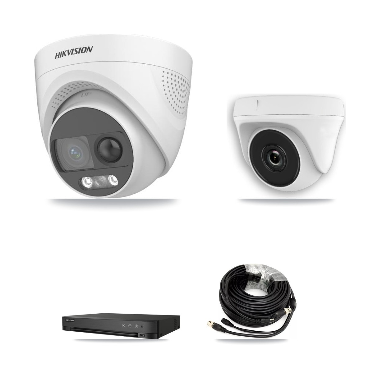 Hikvision 4-Channel 2MP – 5MP CCTV Kit — 2 DS-2CE72KF3T 5MP Turret + 1 White HDT-2MP-N20W 2MP Dome Cameras + 3TB Recording (IDS-7204HQHI Recorder)