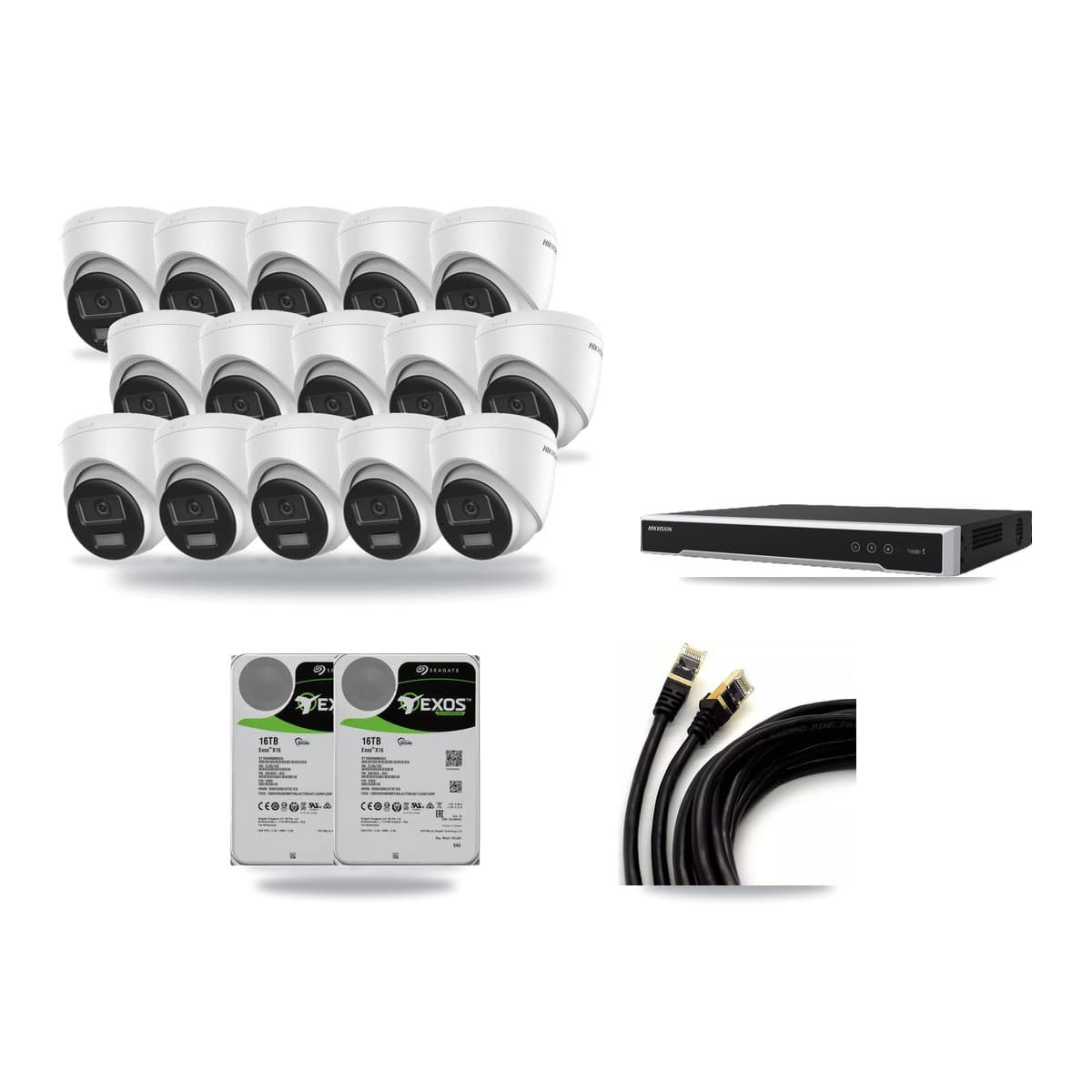 Hikvision 16-Channel 4K CCTV Kit — 15 DS-2CD1383G2-LIUF/SL Turret Cameras + 2× 16TB Recording (DS-7616NI-M2/16P Recorder) - Image 1