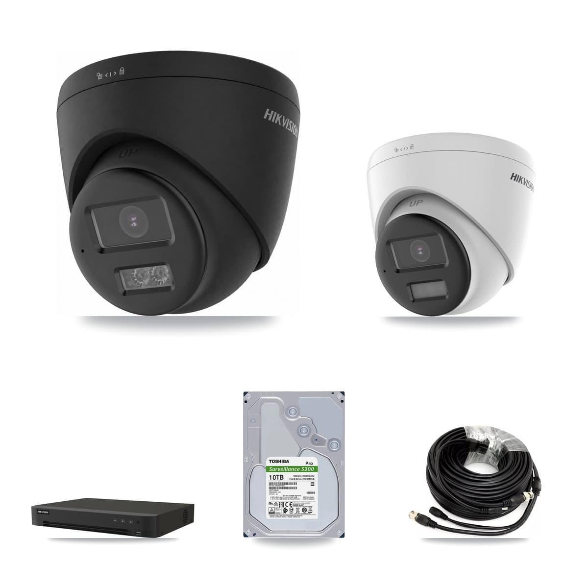Hikvision 8-Channel 5MP – 4K CCTV Kit — 1 DS-2CE78K0T-LPTS 5MP + 3 Black DS-2CE78U0T-LTS-BLACK 4K Turret Cameras + 10TB Recording (IDS-7208HUHI-M1/XT Recorder)