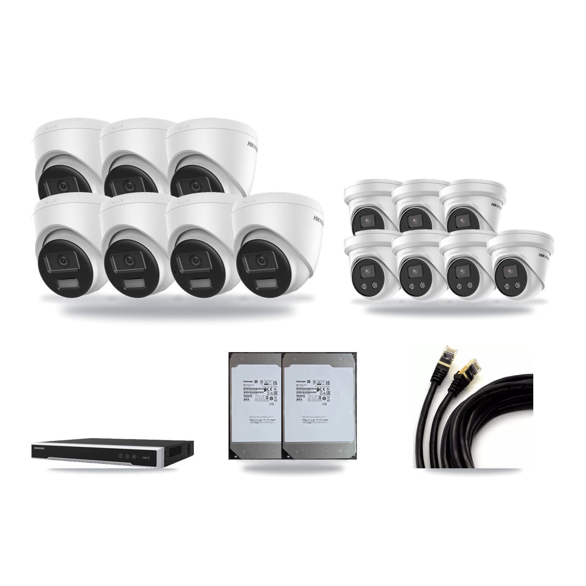 Hikvision 16-Channel 5MP – 4K CCTV Kit — 7 DS-2CD1383G2-LIU 4K + 7 DS-2CD3356G2-ISU 5MP Turret Cameras + 2× 14TB Recording (DS-7616NI-M2/16P Recorder) - Image 1