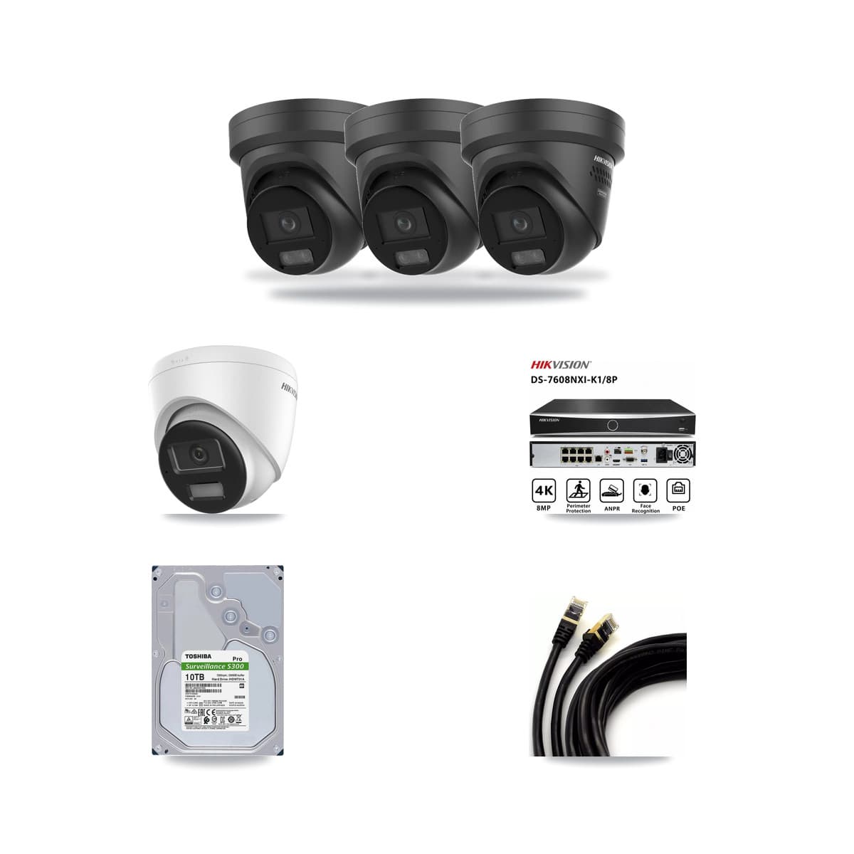 Hikvision 8-Channel 4K CCTV Kit — 1 DS-2CD1383G2 + 3 Black DS-2CD2387G3 Turret Cameras + 10TB Recording - Image 1