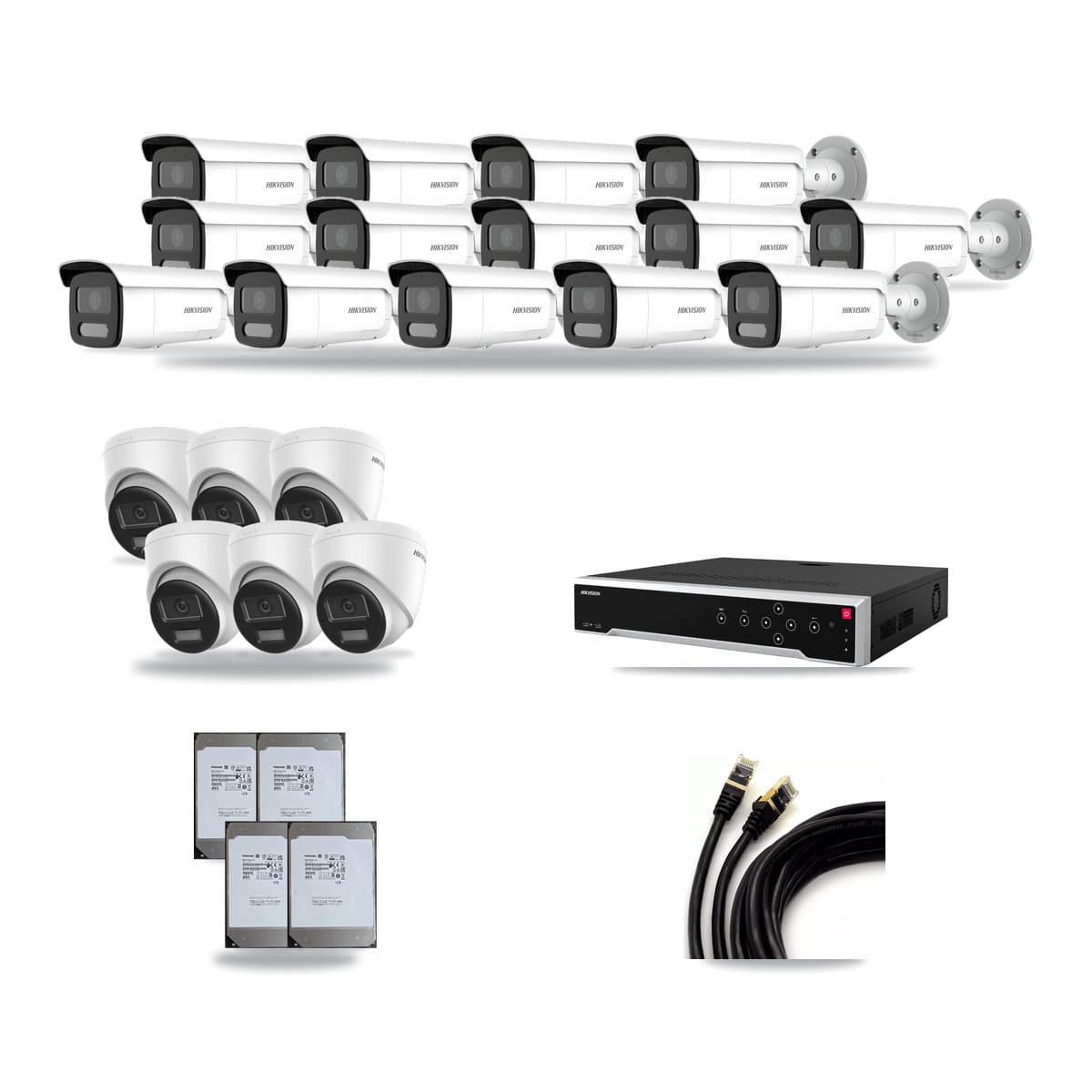 Hikvision 32-Channel 4MP – 4K CCTV Kit — 6 DS-2CD1383G2-LIU 4K Turret + 14 DS-2CD2T47G2H-LISU/SL 4MP Bullet Cameras + 4× 14TB Recording (DS-7732NI-M4/24P Recorder) - Image 1