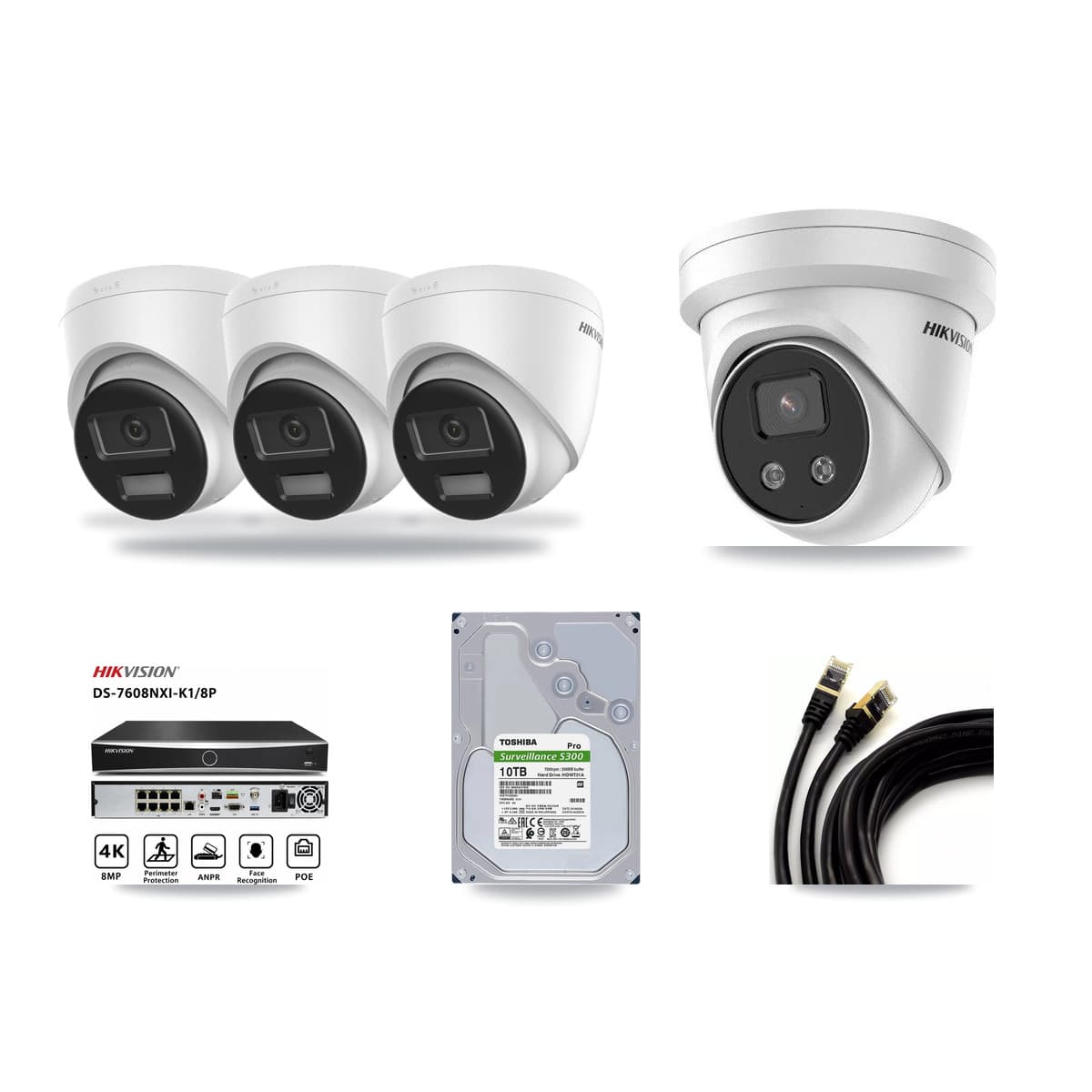 Hikvision 8-Channel 5MP – 4K CCTV Kit — 3 DS-2CD1383G2-LIUF/SL 4K + 1 DS-2CD3356G2-ISU 5MP Turret Cameras + 10TB Recording (DS-7608NXI-K1/8P Recorder) - Image 1