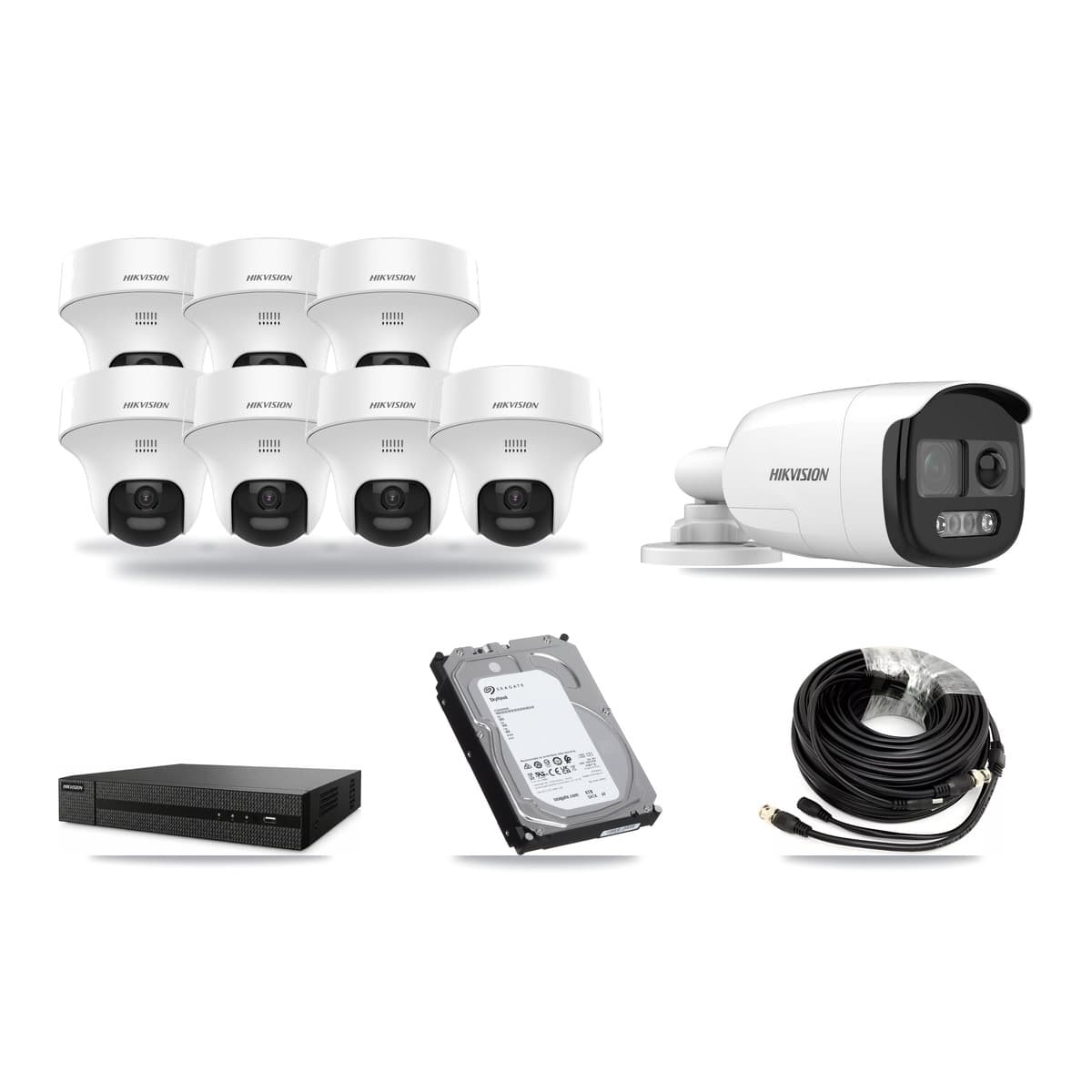 Hikvision 8-Channel 5MP CCTV Kit — 1 DS-2CE12KF3T Bullet + 7 DS-2CE70K0T Turret Cameras + 6TB Recording (DVR-8CH Recorder) - Image 1
