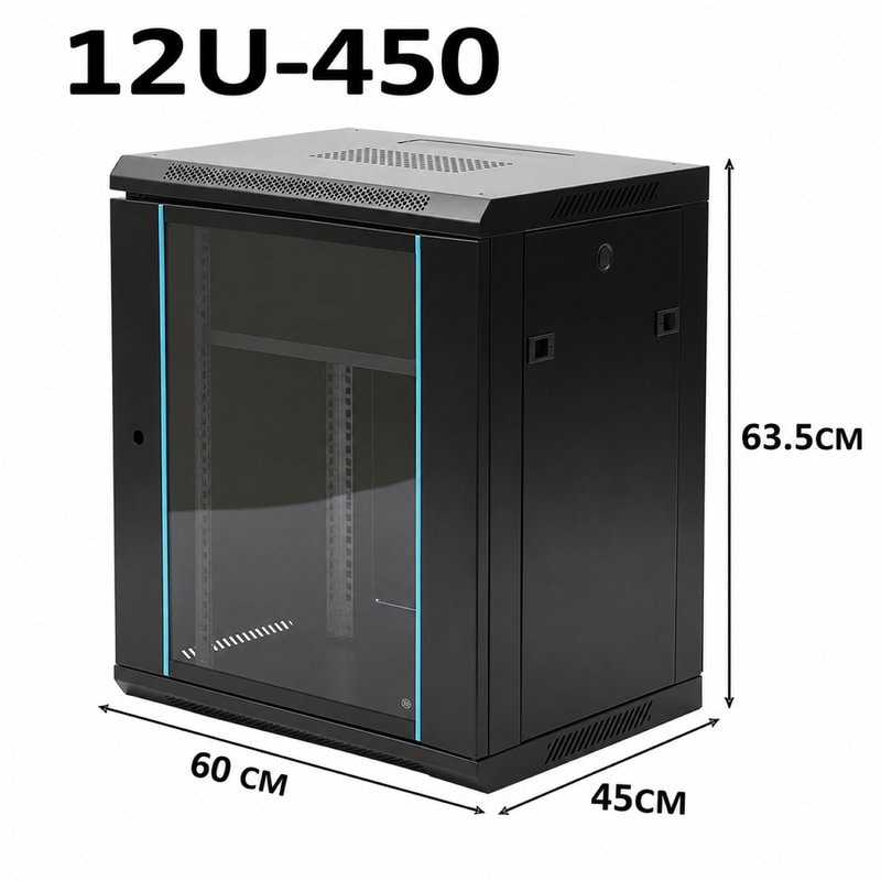 12U 450mm Server Rack Data Network Cabinet - Wall/Floor Mounted, Lockable, Black