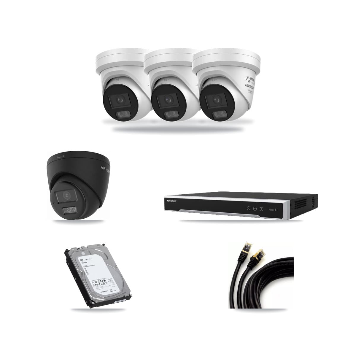 Hikvision 8-Channel 4MP – 4K CCTV Kit — 1 Black 4K + 3 4MP Turret Cameras + 6TB Recording (DS-7608NI-M2 Recorder) - Image 1