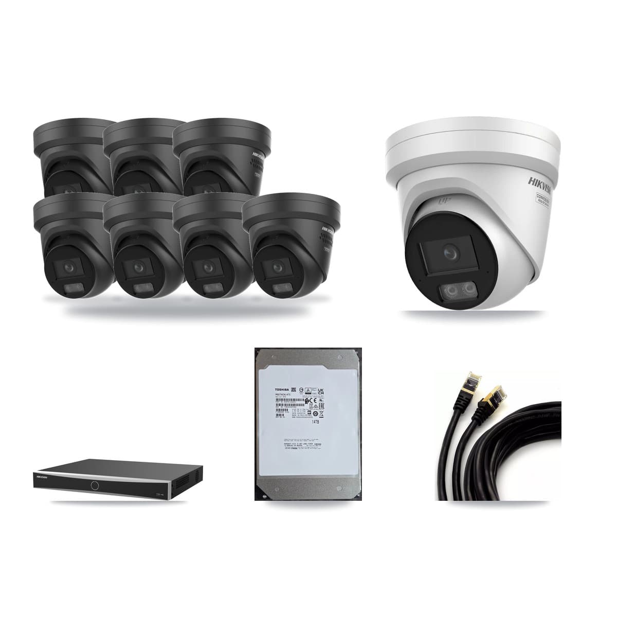 Hikvision 16-Channel 4K CCTV Kit — 1 + 7 Black Turret Cameras + 14TB Recording (DS-7616NXI Recorder) - Image 1