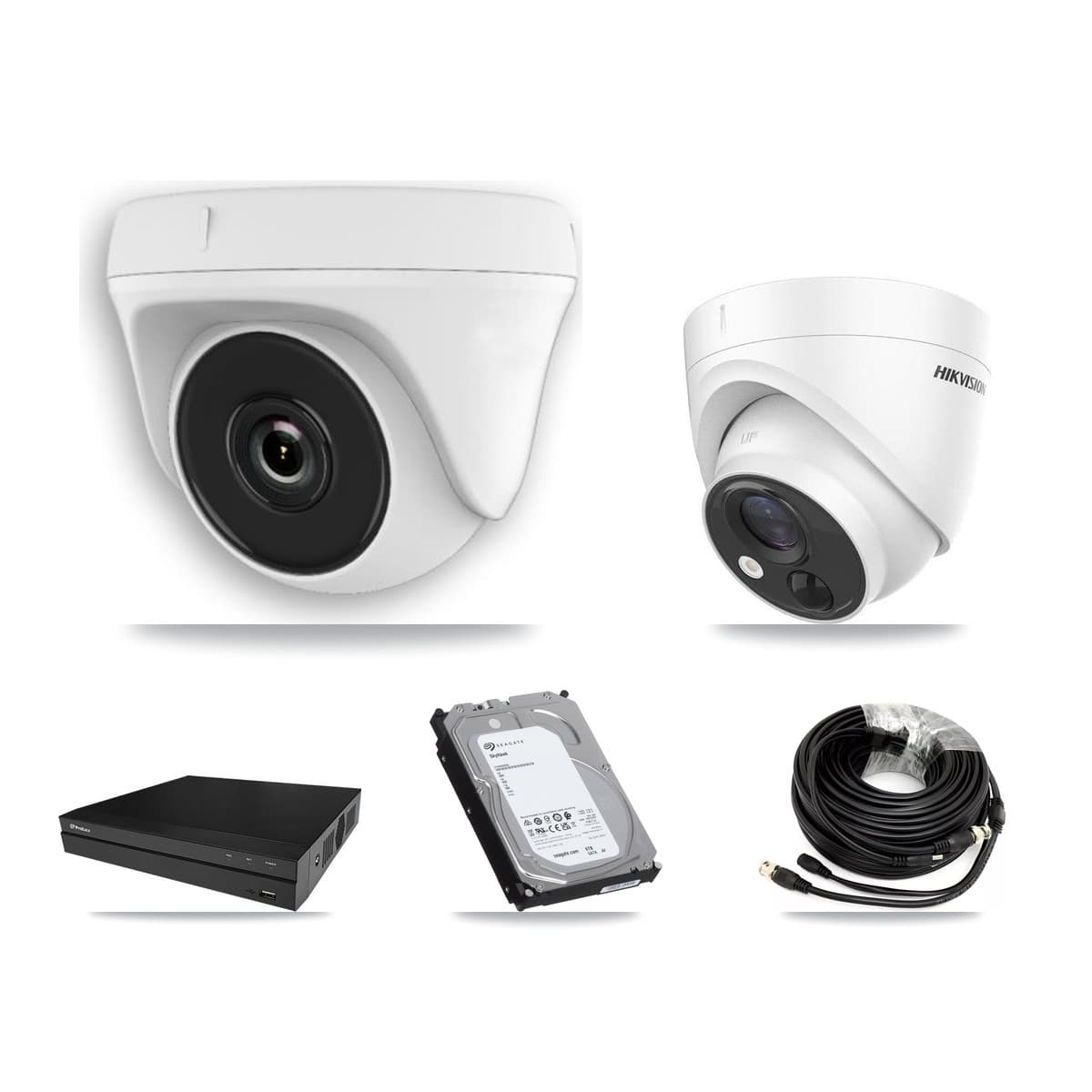 Hikvision & Prolux 8-Channel 2MP – 5MP CCTV Kit — 2 DS-2CE71H0T 5MP Turret + 5 White HDT-2MP-N20W 2MP Dome Cameras + 6TB Recording (PXD-5208AN Recorder) - Image 1